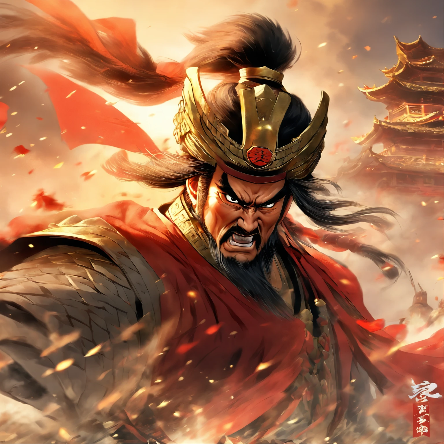(Best Quality,4k,8K,hight resolution,Masterpiece:1.2),Ultra-detailed,(Realistic,Photorealistic,photo-realistic:1.37),Chinese General,Traditional art style,richly colored uniforms,Bright and dynamic strokes,The ancient setting of the battlefield,Warrior Spirit,decorative armor and helmet,The Symbolic Horse,Team Presence,A manly expression on his face,Heroic posture,Historical portrait,proud and noble features,Ink & Wash Painting Style,Finely detailed facial features,Dynamic composition,Impressive growth,Battlefield Strategic Map,A strong and confident look,Fierce determination,Explosion energy,Ancient Battle Flag,foggy atmosphere,golden sunlight, illuminating the stage,Traditional Chinese calligraphy in the background,Authentic battle scene,Attention to historical accuracy,Dynamic motion,Army Commander in the Distance,Majestic mountains as a backdrop,Impressive order of battle,Martial arts experience and weapon proficiency,Wisdom and Leadership,An aura of authority,atmospheric perspective,dramatic lighting,A heroic legend,A classic Chinese metaphor,A strong sense of tradition and cultural heritage