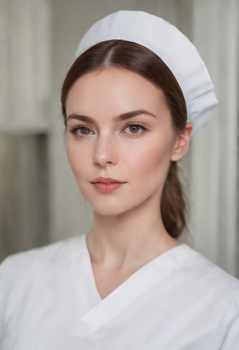 Cinematic portrait, ((medium close-up)), facing the audience, (Reality :1.4), a woman looking into the camera, female nurse, nurse costume, detailed beautiful face, action shot, hospital background, daytime, photo realistic, CG, art station, masterpiece, HD photography