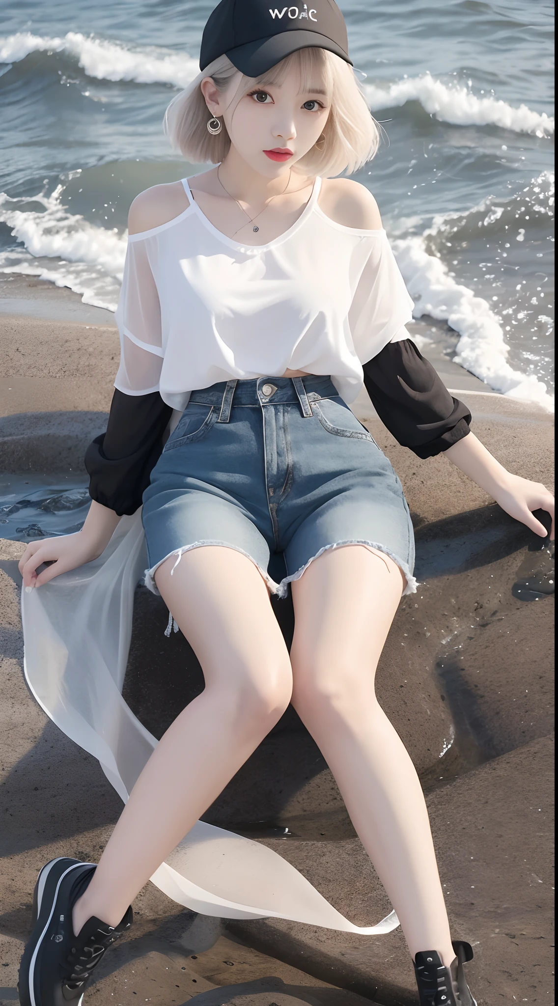 true to life,Photorealistic 1.5,((best qualtiy, 8K, tmasterpiece:1.3)),SLR camera (二重まぶた,largeeyes:1.3),(Korean female model 1.5),(Full body photo 1.5)(Female star 1.5)Clear focus 1.2, Perfect body beauty:1.4 , Delicate skin1.1,(short white hair 1.6),(Fashion watch 1.4),(Pure desire 1.3)(Black pantyhose 1.5)(Leg length 1.2 m 1.5),Slender legs,Bow knot,cap,White T-shirt,denim short,With earrings,bangle,beachside,Waves bloom one by one