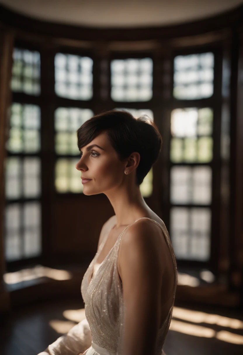 [beautiful woman with short hair, black hair, slanted eyes, symmetrical face, brown eyes ], Cinematic, Photoshoot, Shot on 25mm lens, Depth of Field, Tilt Blur, Shutter Speed 1/1000, F/22, White Balance, 32k, Super-Resolution, Pro Photo RGB, Half rear Lighting, Backlight, Dramatic Lighting, Incandescent, Soft Lighting, Volumetric, Conte-Jour, Global Illumination, Screen Space Global Illumination, Scattering, Shadows, Rough, Shimmering, Lumen Reflections, Screen Space Reflections, Diffraction Grading, Chromatic Aberration, GB Displacement, Scan Lines, Ambient Occlusion, Anti-Aliasing, FKAA, TXAA, RTX, SSAO, OpenGL-Shader’s, Post Processing, Post-Production, Cell Shading, Tone Mapping, CGI, VFX, SFX, insanely detailed and intricate, hyper maximalist, elegant, dynamic pose, photography, volumetric, ultra-detailed, intricate details, super detailed, ambient –uplight –v 4 –q 2