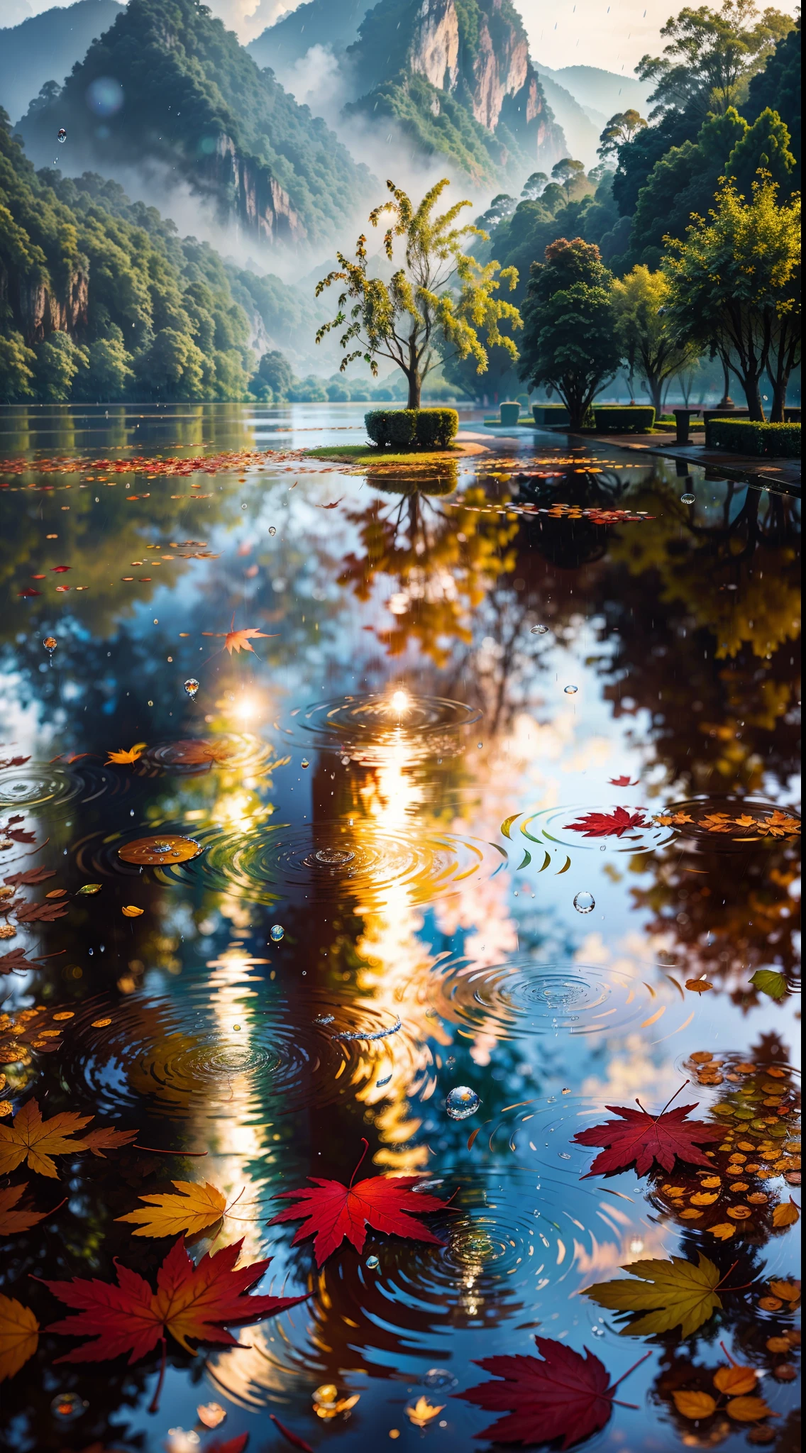Picture of leaves and raindrops, Romantic landscape style, canon eos 5d mark iv, Sunny impressionism, Traditional Vietnamese, sparkling water reflections, high-quality photo, Stock Photo - AR 2:3 --v 5