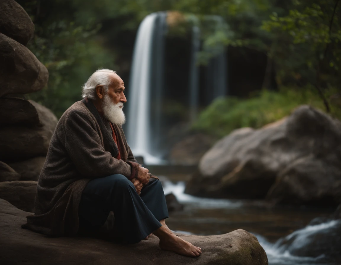 Wise old man, Sit on the stone written on his sheets,The background is a waterfall