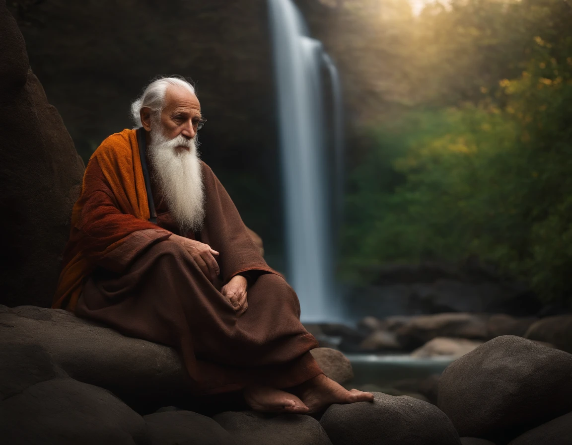 Wise old man, Sit on the stone written on his sheets,The background is a waterfall