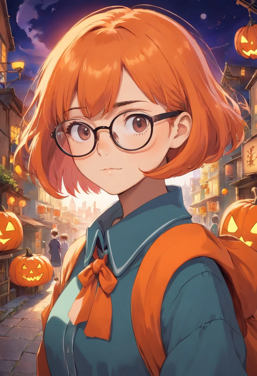 female with short shaved oraange hair and glasses, wearing halloween clothing