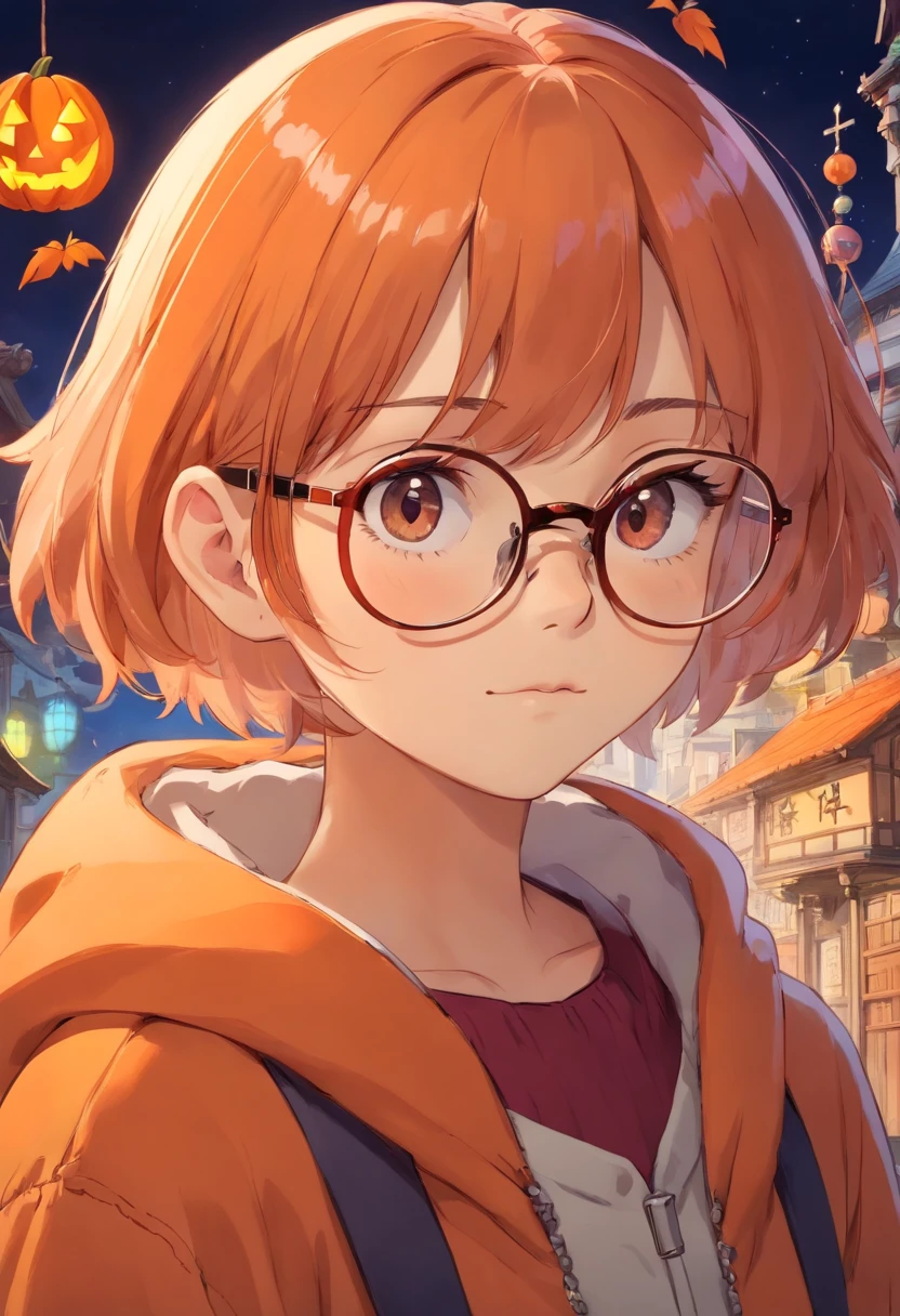 female with short shaved oraange hair and glasses, wearing halloween clothing