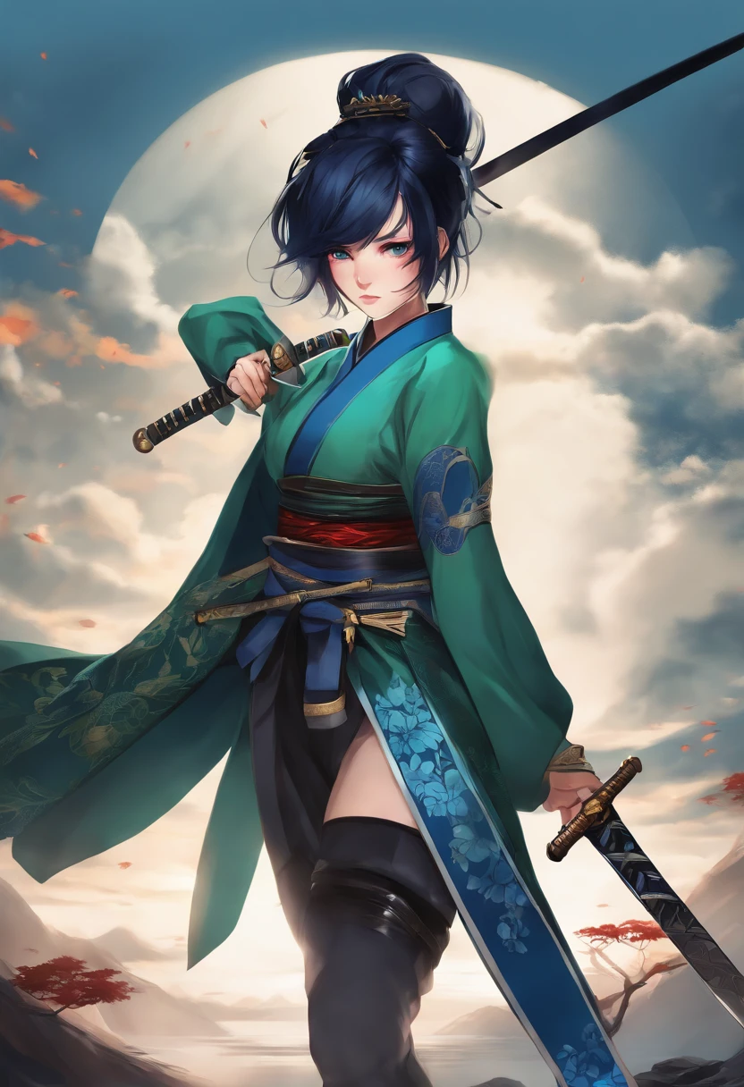 (best quality,highres),anime girl, swordsman, cold expression, short hair, dark blue hair, blue eyes, beautiful, samurai outfit, blue, green and black, vibrant colors, cartoon girl