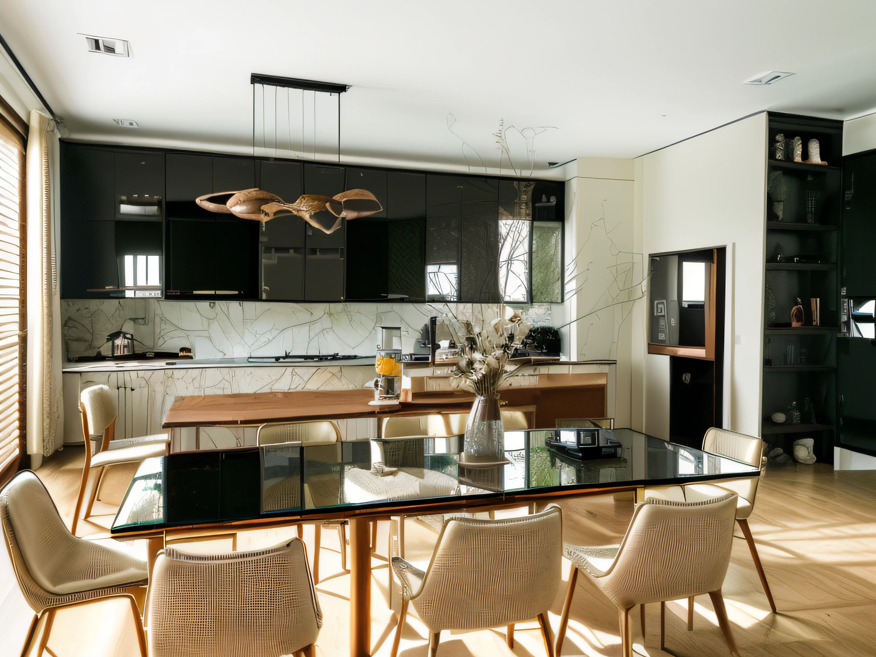 RAW photo, Masterpiece, high quality, best quality, authentic, super detailed, glossy indochina black furniture), table, carpet, shelf tv, 1 solid wood door:1.4,((laminated plaster,))), day light)), natural light fromt glass door, archdaily architecture, (high detail: 1.2), 8k uhd, dslr, soft light, high quality, film grain, Fujifilm XT3, Kitchen room, well arranged livable space, homy, (coffee table:1.3), (armchairs:1.3), (dining table with chairs:1.3), Traditional design, crown holding, emphasis on on symmetry and order, classic decor elements, chandeliers and bookcases, neutral colour schemes with pops of bold colours, jewel tones