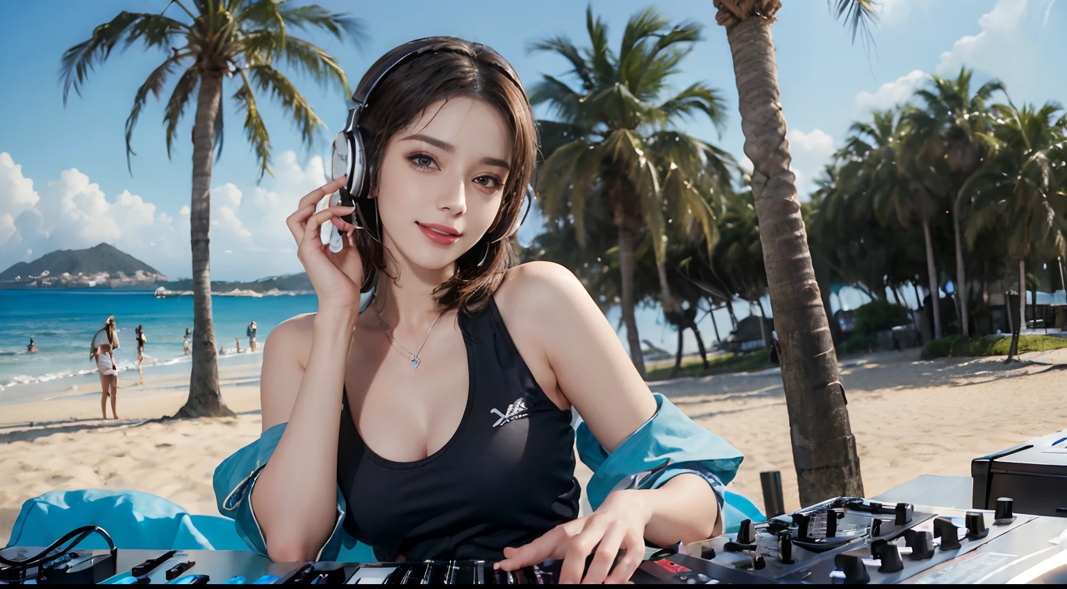 (ultra - detailed, 16K resolution, Cinema lenses, rendering by octane), (high resolution:1.18), intricate detail, (masterpiece:1.1), (highest quality:1.1), (1girl, portrait, white hair, blue eyes, short hair, detailed eyes),Wearing silver DJ headphones, Shiny silver sequined T-shirt, (in the beach:1.5), (Iconic hip-hop pop costumes:1.3), Smile while DJing on stage, DJ studio next to the beach, ((A stylish DJ stage on a hill overlooking the beach)), full body shot, Photorealistic photography by Sunshine, (cute round face:1.3), perfect fingers, five fingers, beautiful hands, perfect hands. master peace, cute smile.