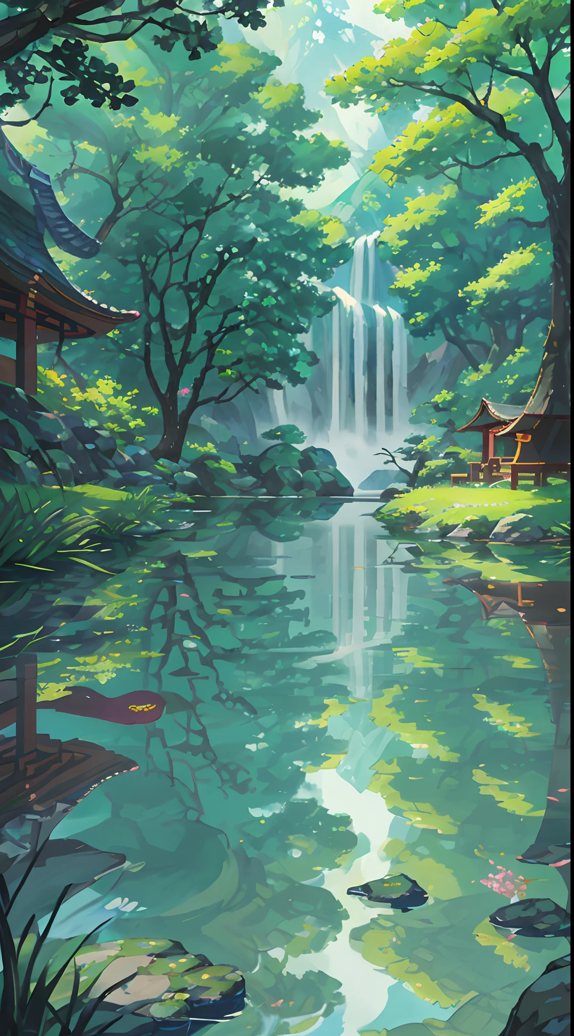 Chinese ancient times, spring, jungle, lake, cave, waterfall, tree, meadow, rock, deer, hot spring, water vapor, (illustration: 1.0), epic composition, realistic lighting, HD details, masterpiece, best quality, (very detailed CG unified 8k wallpaper)