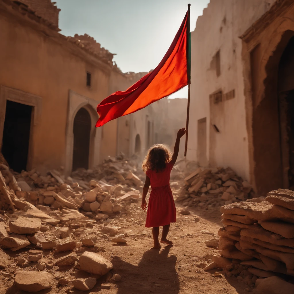 Morocco earthquake, one little girl from behind waving Moroccan flag looking at rubble and destruction, somber, hope, (masterpiece:1.1) (best quality) (detailed) (intricate) (8k) (HDR) (cinematic lighting) (sharp focus:1.1)