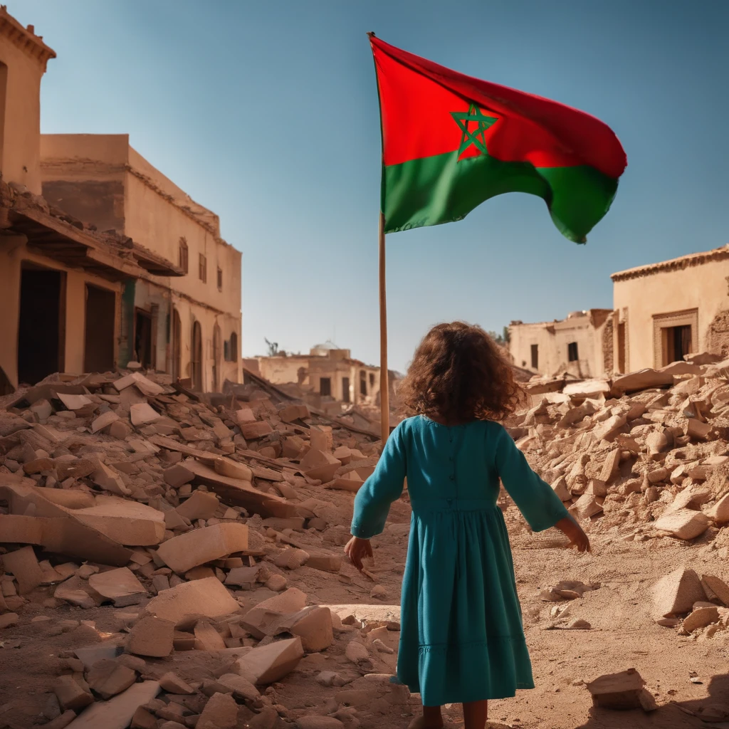 Morocco earthquake, one little girl from behind waving Moroccan flag looking at rubble and destruction, somber, hope, (masterpiece:1.1) (best quality) (detailed) (intricate) (8k) (HDR) (cinematic lighting) (sharp focus:1.1)