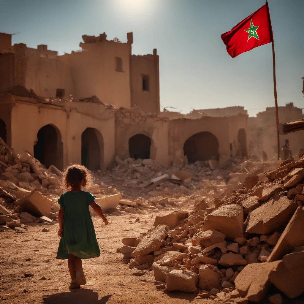 Morocco earthquake, one little girl from behind waving Moroccan flag looking at rubble and destruction, somber, hope, (masterpiece:1.1) (best quality) (detailed) (intricate) (8k) (HDR) (cinematic lighting) (sharp focus:1.1)