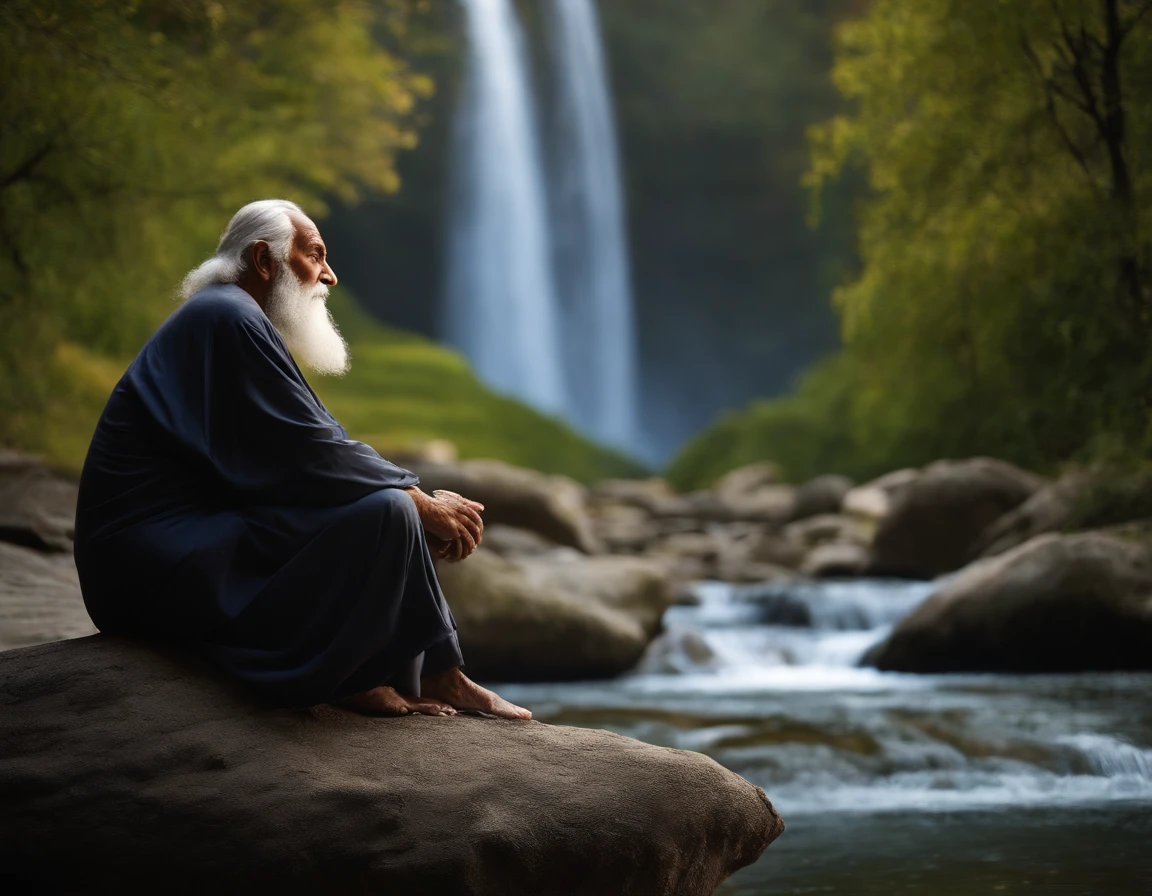 Wise old man, Sit on the stone written on his sheets,The background is a waterfall