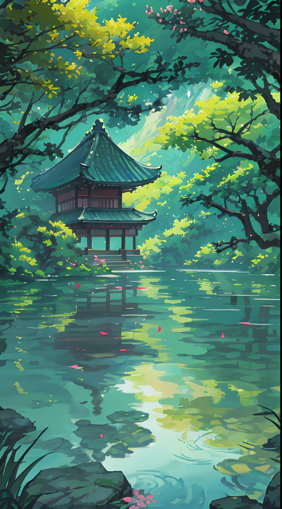 Chinese ancient times, spring, jungle, lake, cave, waterfall, tree, meadow, rock, deer, hot spring, water vapor, (illustration: 1.0), epic composition, realistic lighting, HD details, masterpiece, best quality, (very detailed CG unified 8k wallpaper)