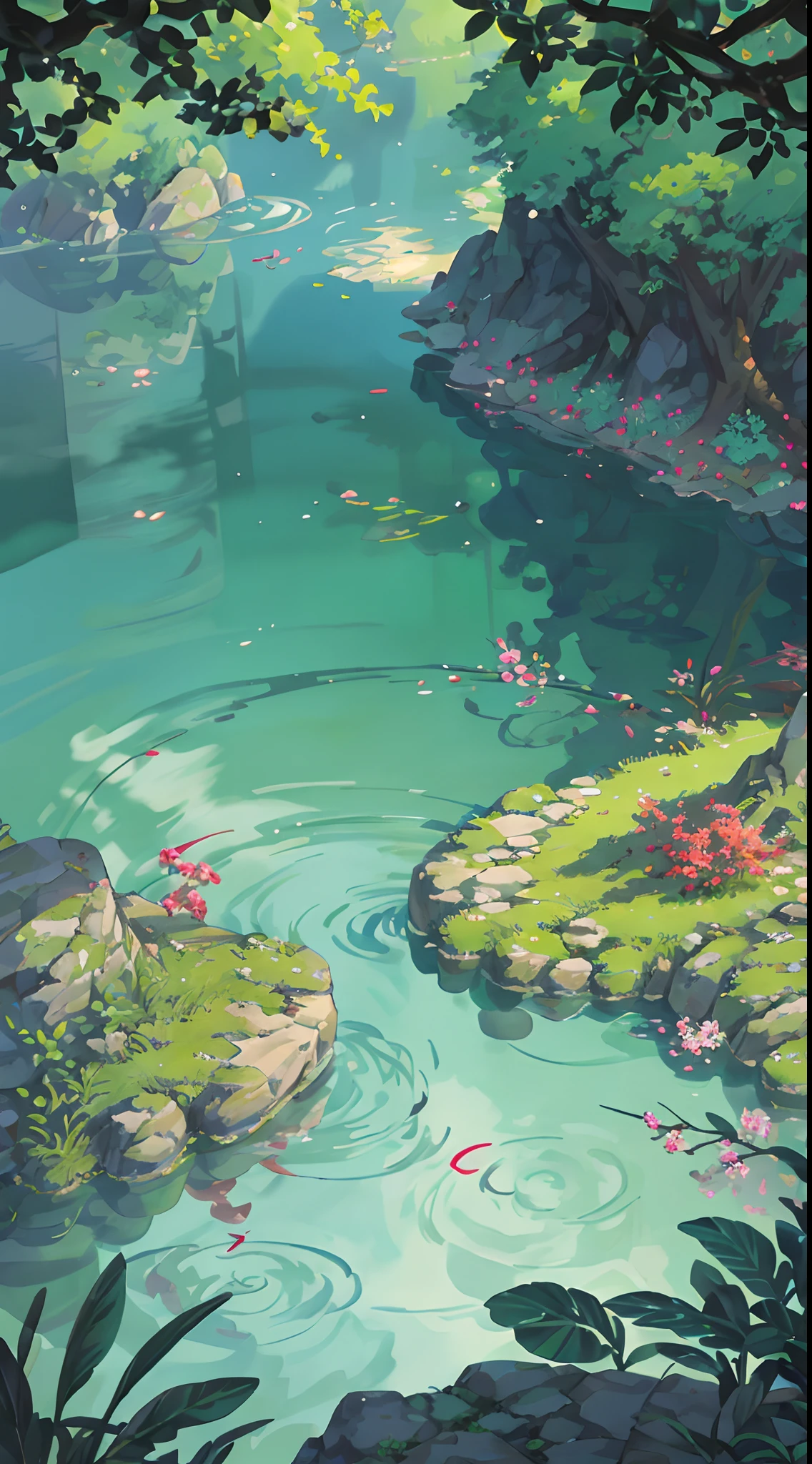 Chinese ancient times, spring, jungle, lake, cave, waterfall, tree, meadow, rock, deer, hot spring, water vapor, (illustration: 1.0), epic composition, realistic lighting, HD details, masterpiece, best quality, (very detailed CG unified 8k wallpaper)