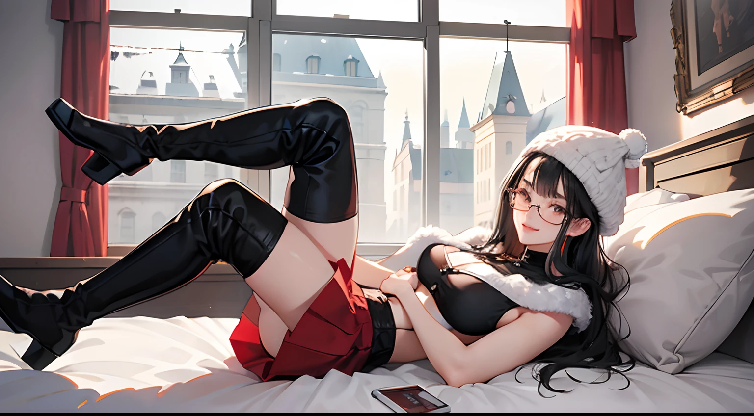 Young 19 years old，girl, black hair，Shoulder length，black eyes，big black frame glasses, Cheerful expression，Vibrant, saturated , white over knee boots, red fur hat, boob tube top tight skirt, lying on the bed, Nordic room, big window, snow on the buildings far away, winter, depth of field