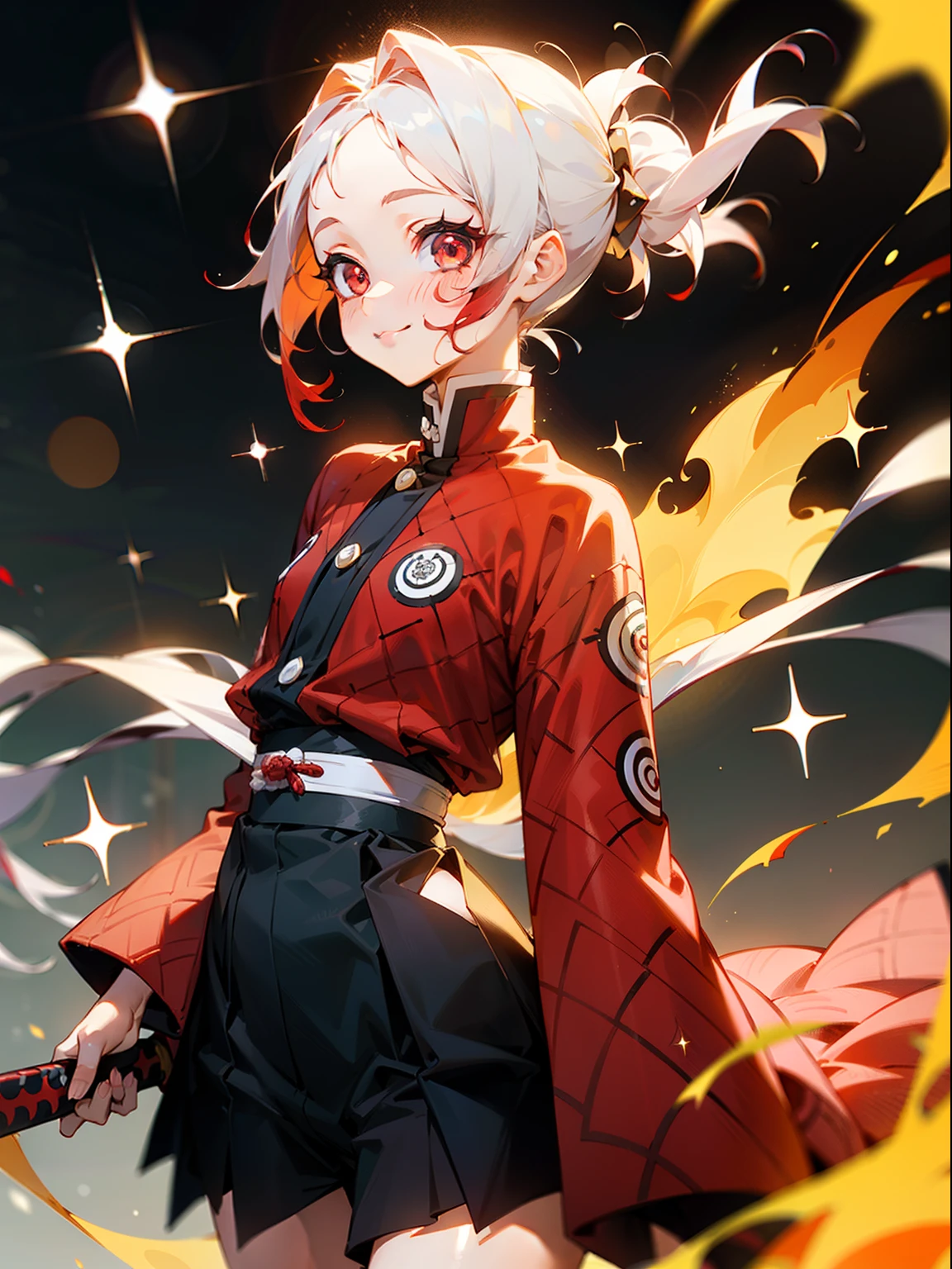 Anime young girl, short hair, hair tied back, white colored hair, small chest, small thighs, medium body, happy smile, blush on cheeks, kimetsu no yaiba haori clothes, ((red haori clothes)), anime art style, kimetsu no yaiba art style, ((red colored eyes)), holding a katana, fire breathing, fire near her, symmetry, bokeh, sparkle, glowing light, ray tracing, reflection light, blending, UHD, anatomically correct, textured skin