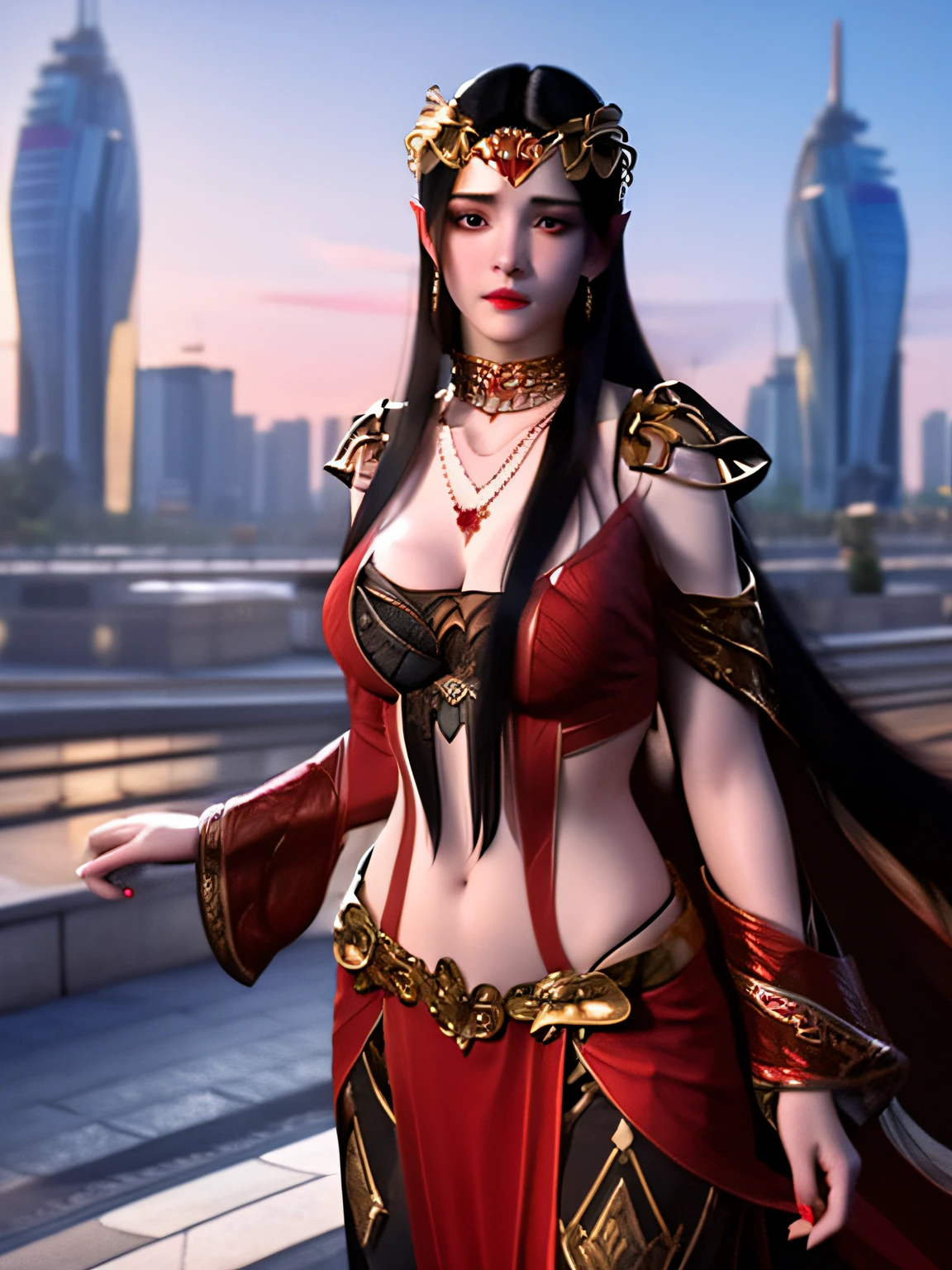 1girl,jewelry,long hair, hair ornament, necklace, cutout,navel,cleavage, dress, forehead jewel, pants, mature female, cityscape, night, looking at viewer,
