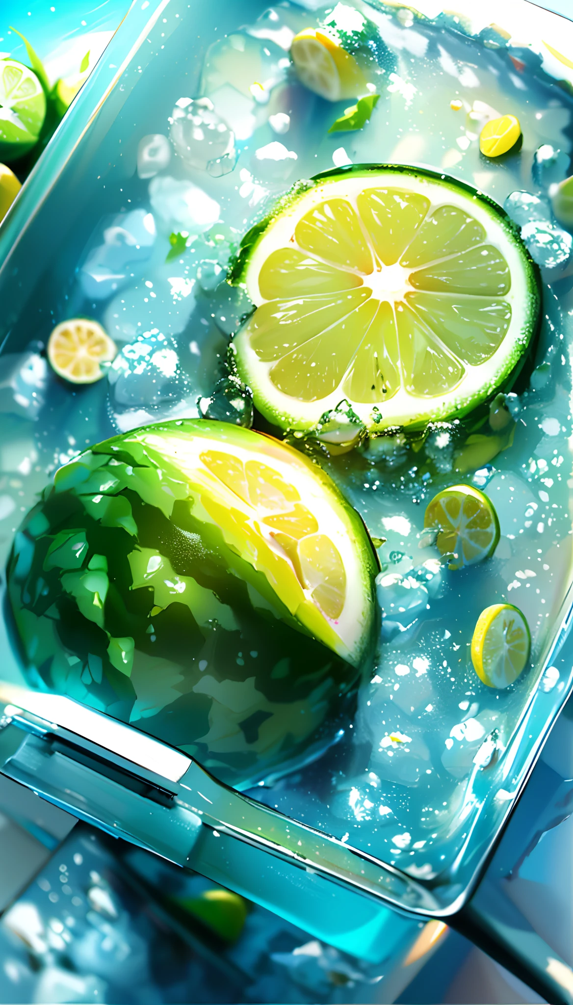 (Best quality, 8k, 32k, masterpiece, UHD: 1.2), watermelon with water droplets, ice cubes, lemon slices, lemon, lime, water droplets