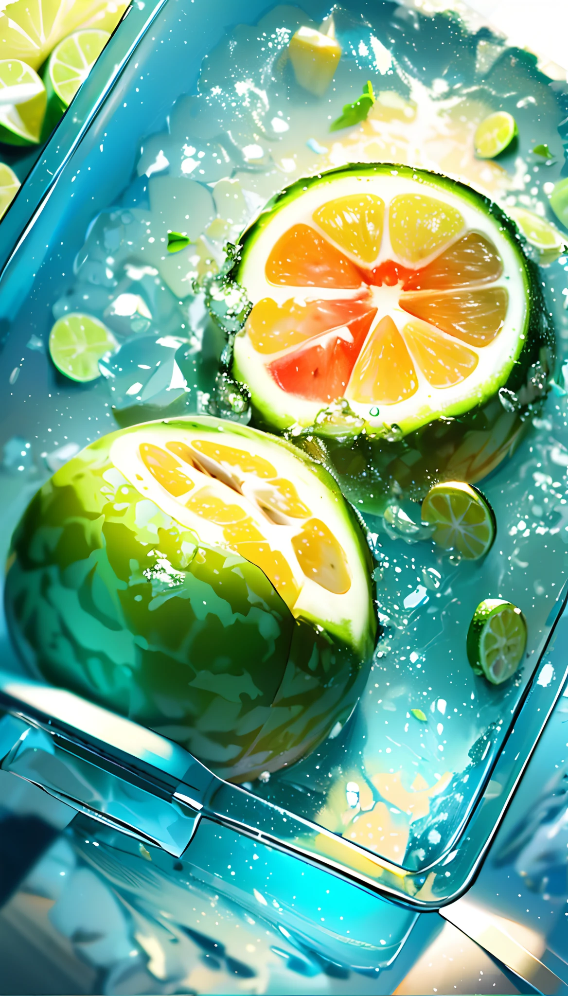 (Best quality, 8k, 32k, masterpiece, UHD: 1.2), watermelon with water droplets, ice cubes, lemon slices, lemon, lime, water droplets