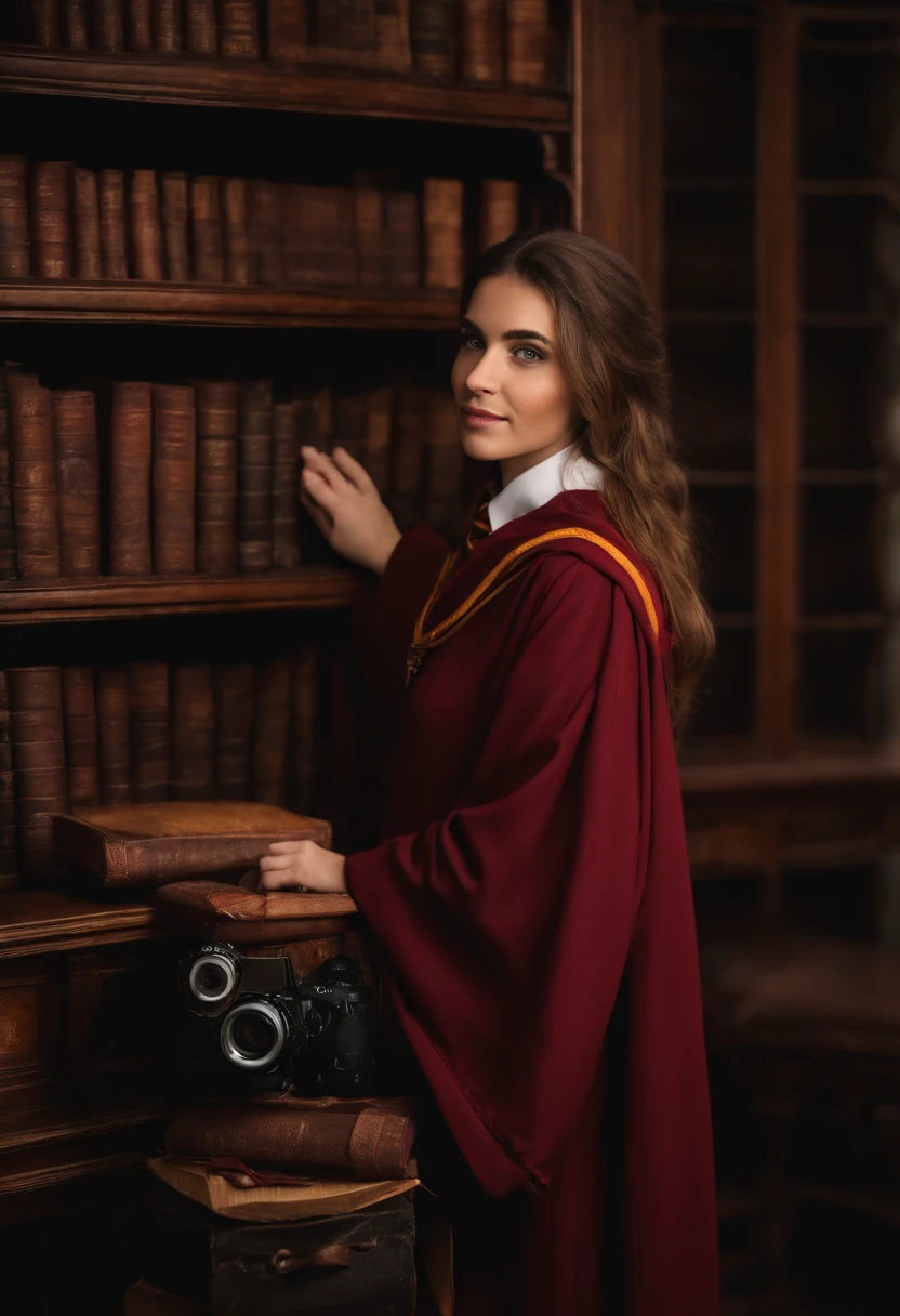 Arad woman in Harry Potter robes(medium close-up), wearing hogwarts,Robes,wearing black wizard robes, wearing wizard robes, Gryffindor, Magical school student uniform, magic school uniform, magic uniform university, academic clothing, wearing robes and neckties, Wizard robes, hogwarts style, wearing red sorcerer's robes, High quality clothing, (Canon EOS 5D Mark IV Camera, Famous for capturing vibrant colors and rich textures:1.2)