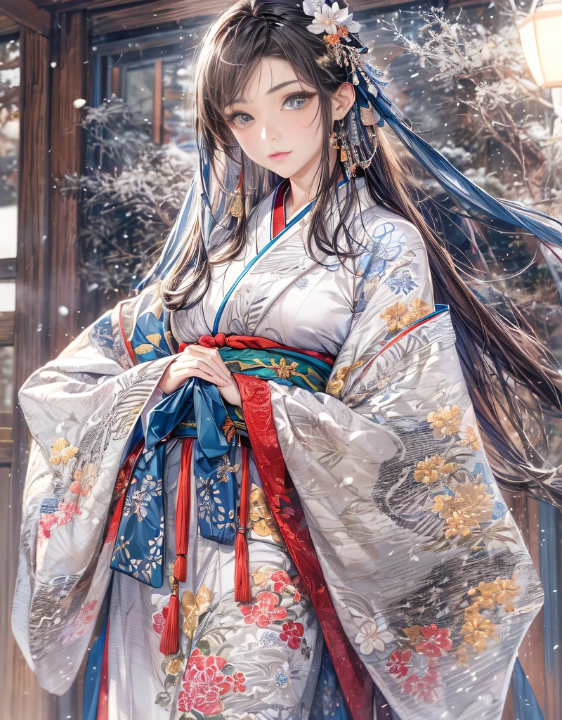 (Beautiful model in Japanese kimono commercial), (solo), ((face is 80% beauty and elegance, 20% pretty and cute:1.5)), (Her roots are in Eastern Europe and Asia), clear eyes, (detailed eyes, light brown eyes, bright pupils), Double Eyelids, (sexy lips with a little thickness:1.2), super detailed and incredibly high resolution Kimono, Highly Detailed Face Texture, striking body shape, curvy and very attractive woman, high-resolution RAW color photo pro photo, BREAK ultra high-resolution textures, High-res body rendering, big eyes, unparalleled masterpiece, incredible high resolution, super detailed, stunning ceramic skin, BREAK (Wearing a shiny silver kimono of the Rimpa school with lots of Rinpa silver colors), (The main color is Rinpa shiny silver, with a gradation from black to silver from the hem side to the collar), (elaborately made classical Japanese shiny silver Kimono), ((The embroidery patterns are Japanese dragon, clouds, mountains, and rivers)), (Elegant and elaborately made lapis lazuli color obi), ((shiny silver Kimono with elaborate and elegant embroidery)), (The background is a night scene with a little snow falling) BREAK ((Best Quality, 8k)), Crisp Focus:1.2, (Layer Cut, Big:1.2), (Beautiful Woman with Perfect Figure:1.4), (Beautifully shaped and big breasts:1.3), Slender waist, (Correct hand shape:1.5), (Full body shot | cowboy shot | back view)
