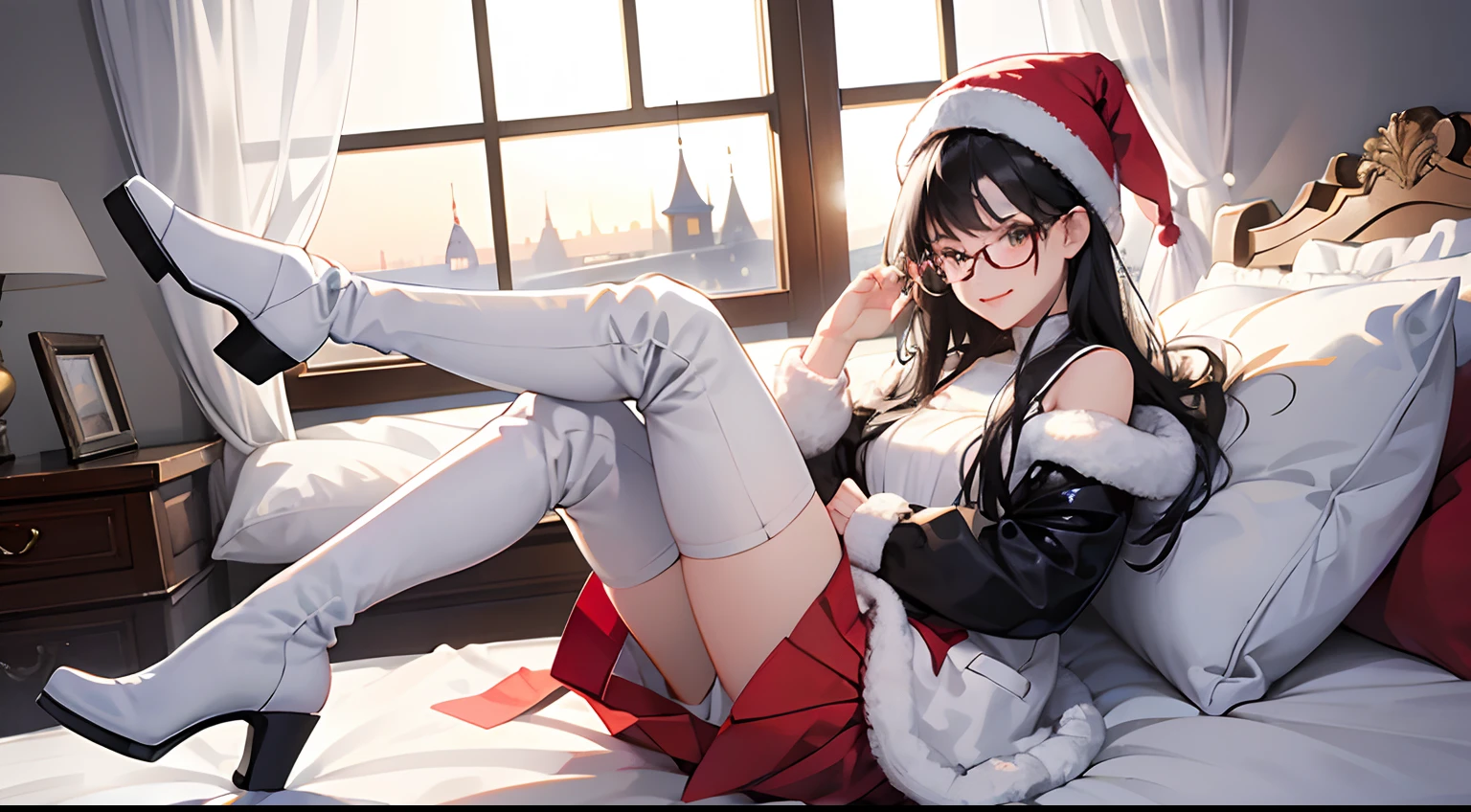 Young 19 years old,girl, black hair,Shoulder length,black eyes,big black frame glasses, Cheerful expression,Vibrant, saturated , white over knee boots, white high heel boots,red fur hat, tight skirt, lying on the bed, Nordic room, big window, snow on the buildings far away, winter, depth of field