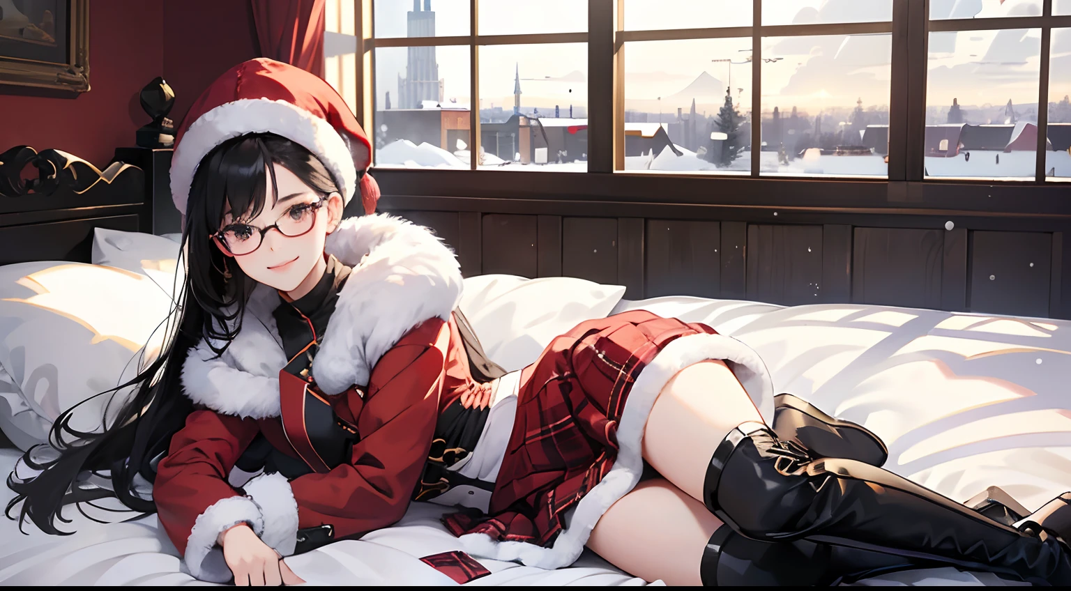 Young 19 years old,girl, black hair,Shoulder length,black eyes,big black frame glasses, Cheerful expression,Vibrant, saturated , white over knee boots, red fur hat, tight skirt, lying on the bed, Nordic room, big window, snow on the buildings far away, winter, depth of field