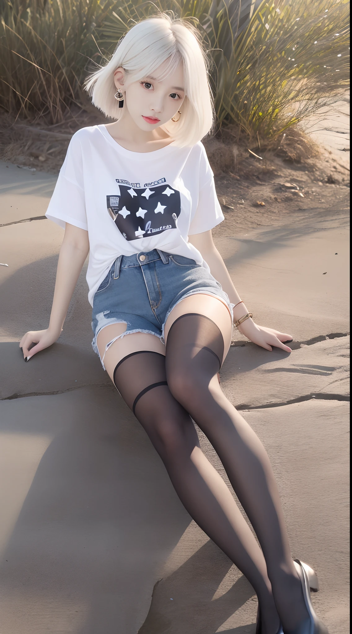 true to life,Photorealistic 1.5,((best qualtiy, 8K, tmasterpiece:1.3)),SLR camera (二重まぶた,largeeyes:1.3),(Korean female model 1.5),(Full body photo 1.5)(Female star 1.5)Clear focus 1.2, Perfect body beauty:1.4 , Delicate skin1.1,(short white hair 1.6),(Fashion watch 1.4),(Pure desire 1.3)(Black pantyhose 1.5)(Leg length 1.2 m 1.5),Slender legs,cap,White T-shirt,denim short,With earrings,bangle,beachside,Waves bloom one by one