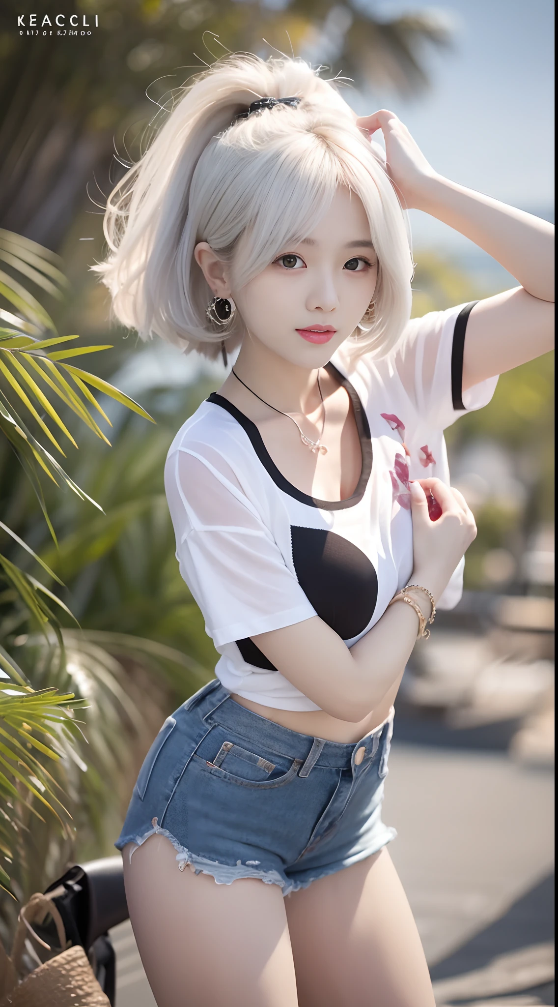 Top quality, RAW photos, super high resolution, shooting from the side, bright silver hair, bright gray hair, popping smile, one corner of mouth raised, 16 year old Korean, very big breasts, cleavage as close as possible to the face, cropped T-shirt, training clothes, running shorts, fair skin, shiny white skin, short bob, beautifully aligned bangs, beautiful eyes of random colors, very thin lips, Beautiful eyes to the smallest detail, elongated eyes, pale pink cheeks, long eyelashes, beautiful double eyelids, eyeshadow, beautiful thin legs, beautiful feet, beautiful navel, beautiful abs, beautiful ribs, beautiful constriction, beautiful hip line, necklace, earrings, hair accessories, night park, night stairs, squatting on stairs