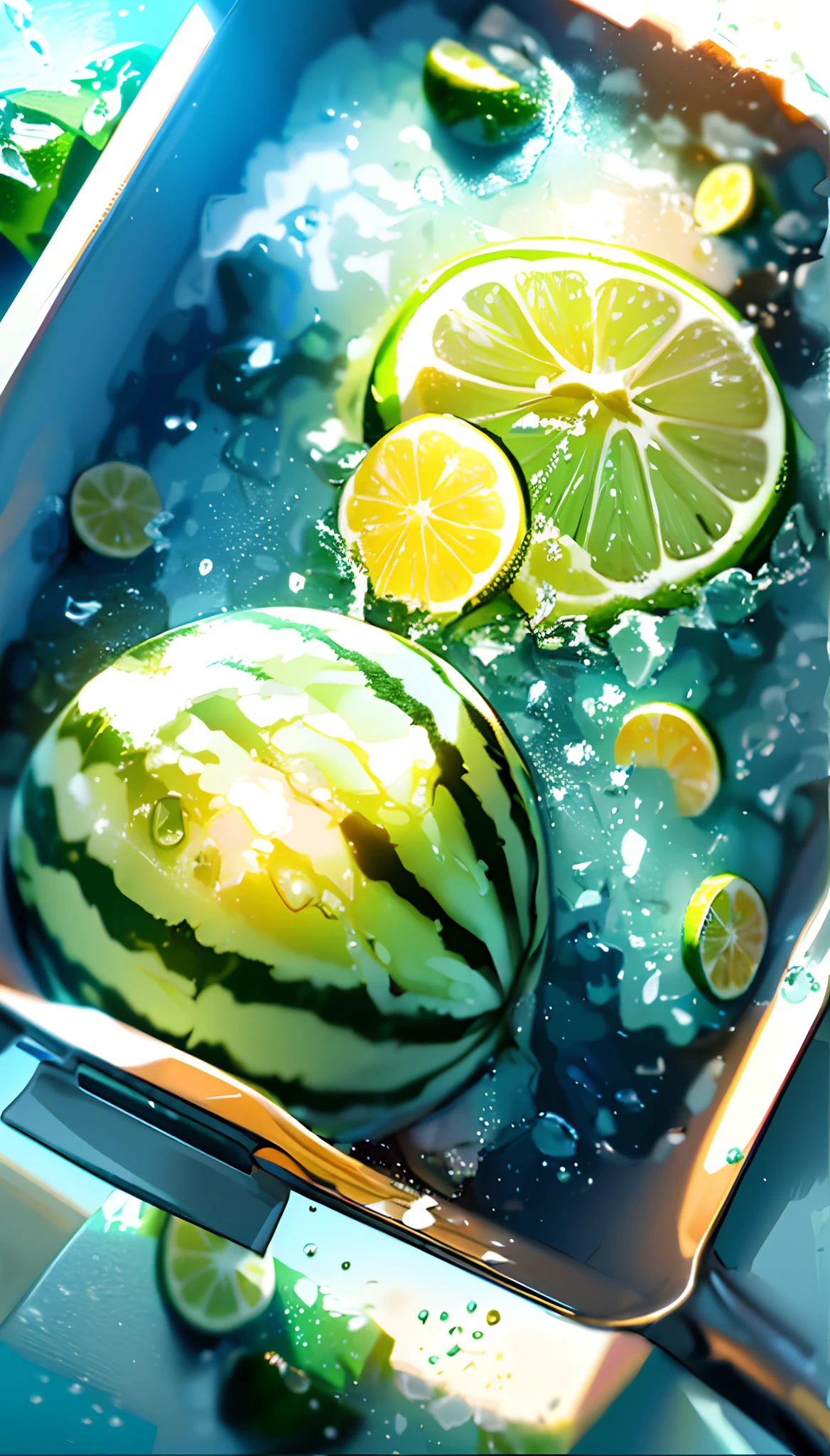 (Best quality, 8k, 32k, masterpiece, UHD: 1.2), watermelon with water droplets, ice cubes, lemon slices, lemon, lime, water droplets