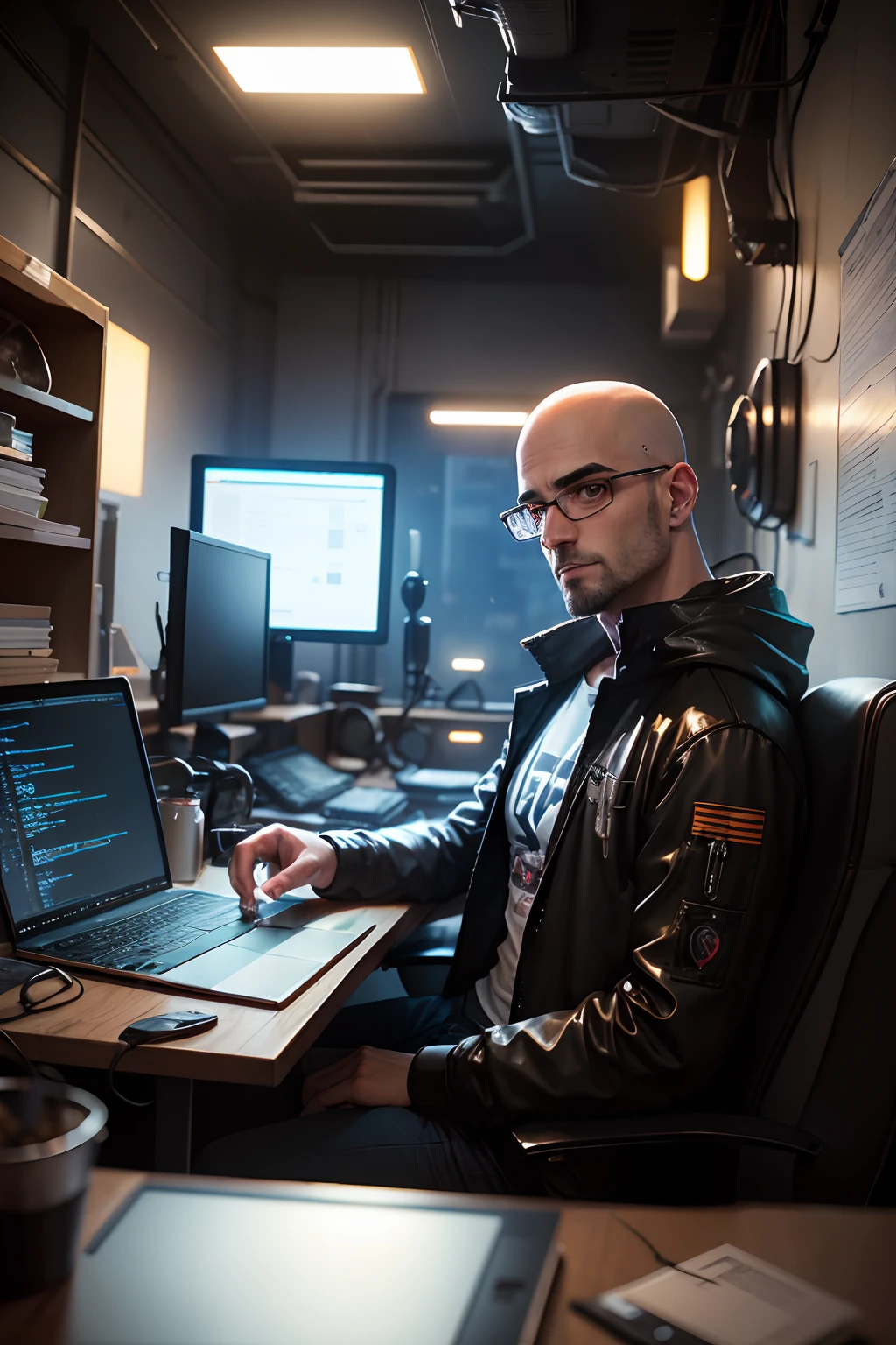 Bald and bespectacled male programmer, python, cyberpunk,  dentro de um apartamento, olhando pelas janelas de vidro, cidade futurista, olhar estrategista, laptop, cinematic, ultra realista, altamente detalhado (obra prima)  inside a machine shop