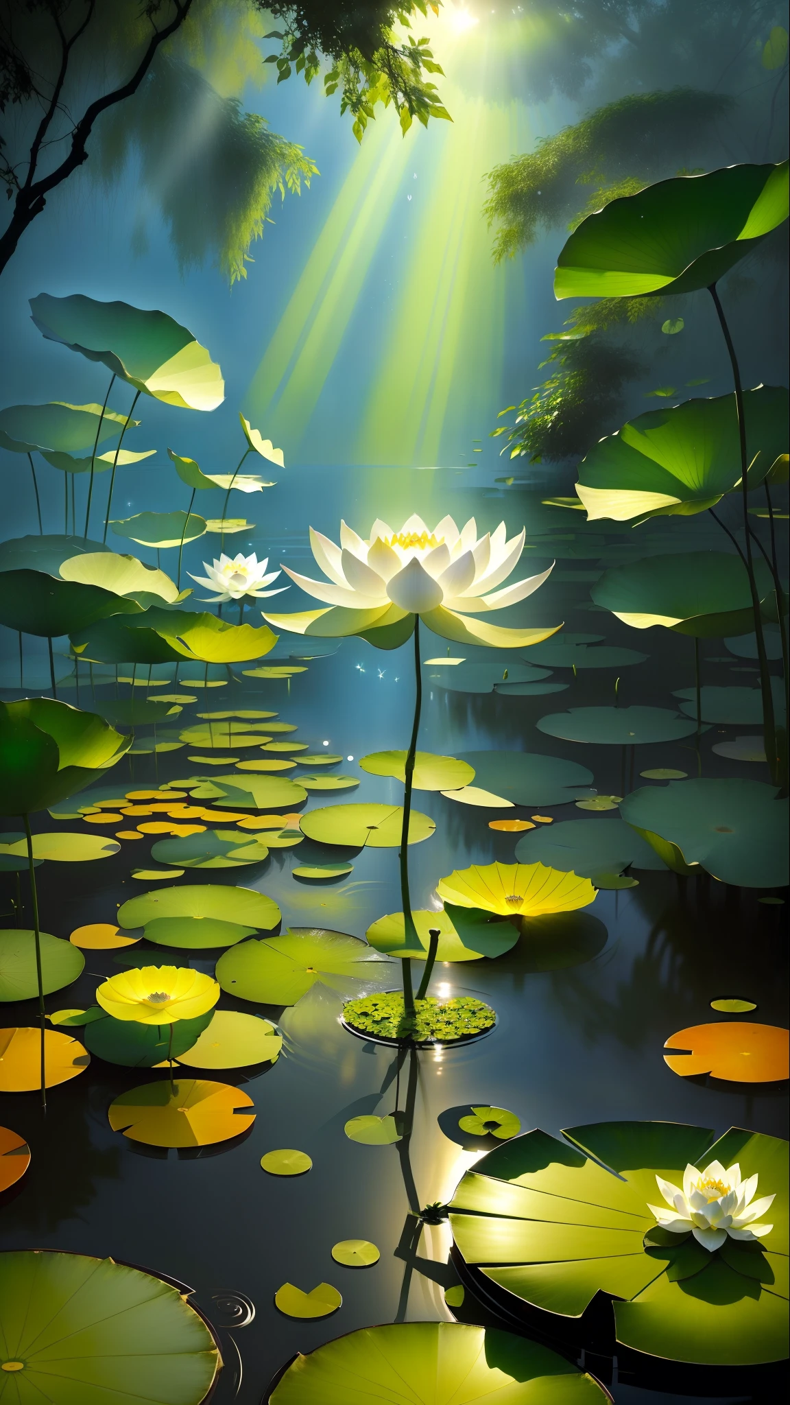 tmasterpiece,delicated,Beautiful scenery deep in the lotus pond,(colorful、vividness、rays of sunshine、Cool light:1.2)Lotus leaves in a pond,There are dew drops on the lotus leaves,High quality High quality