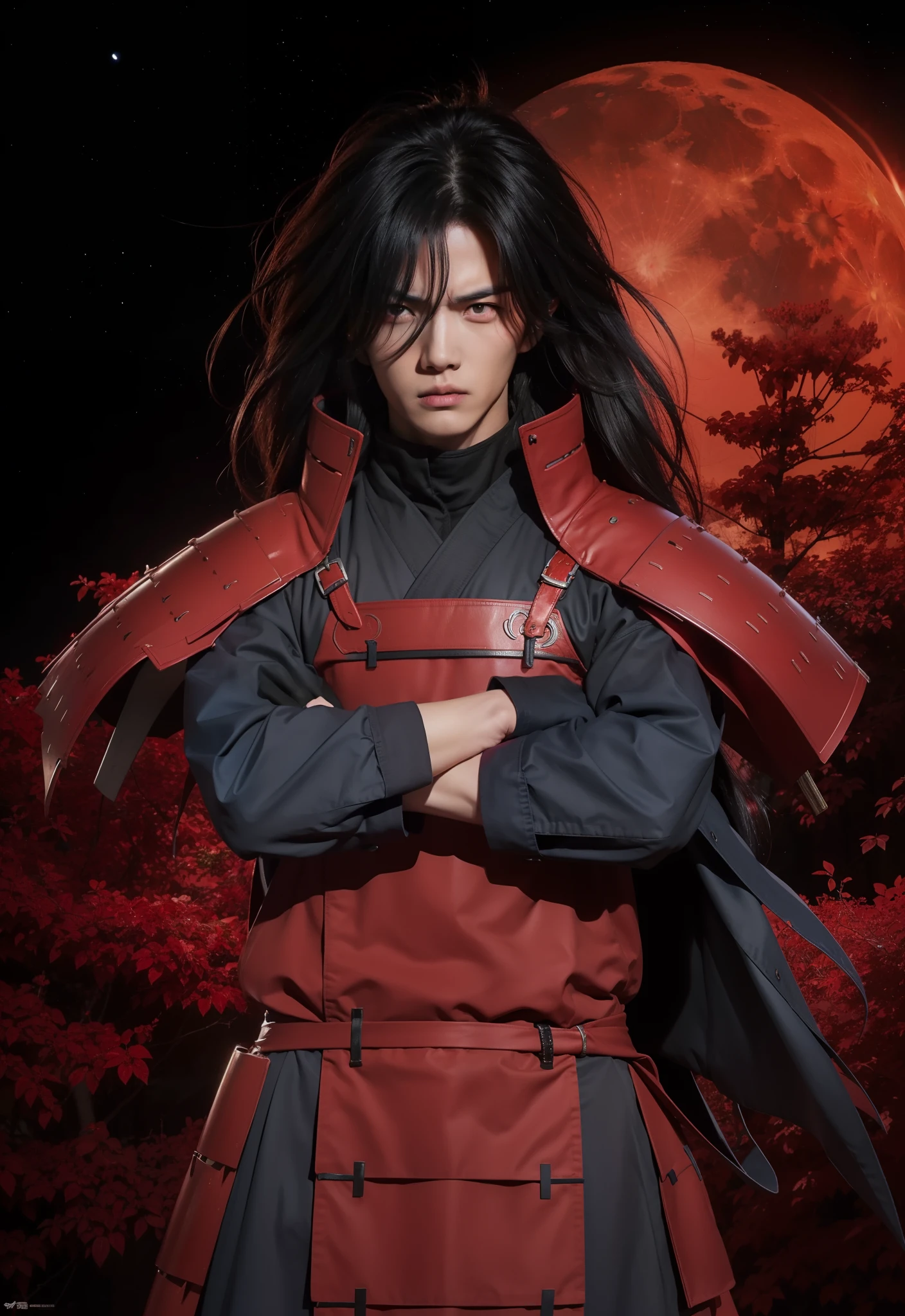 Real life adaption of this character,his name is Madara uchiha from anime Naruto,Korean adult handsome face,realistic long messy hair,realistic outfit with red iron armor like samurai,realistic light,realistic shadow,realistic background,(photorealistic:1.2),very angry expression,red eyes color,the moon in the background is red color