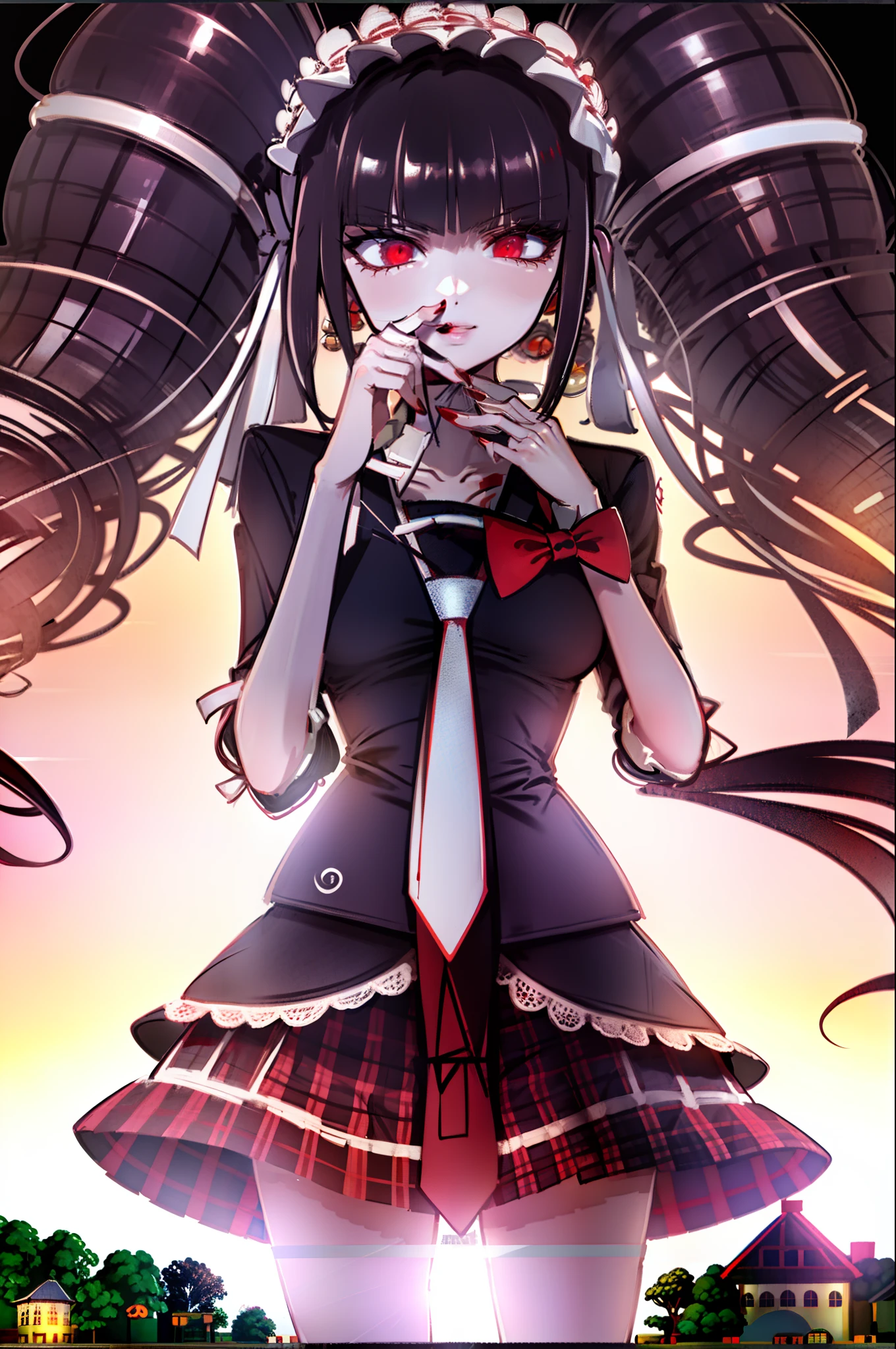 Celestia, black long hair, 1girl, twintails, solo, red eyes, bangs, nail polish, red nails, red bow, black shirt, underwear, choker, black bra, collarbone, sleeves rolled up, white necktie, pleated plaid red skirt, school uniform, black cross-laced knee boots, shiny, shiny hair, landscape, city landscape, city background, (hands over chest), hand over breasts, correct hands, correct anatomy, five fingers, beautiful hands