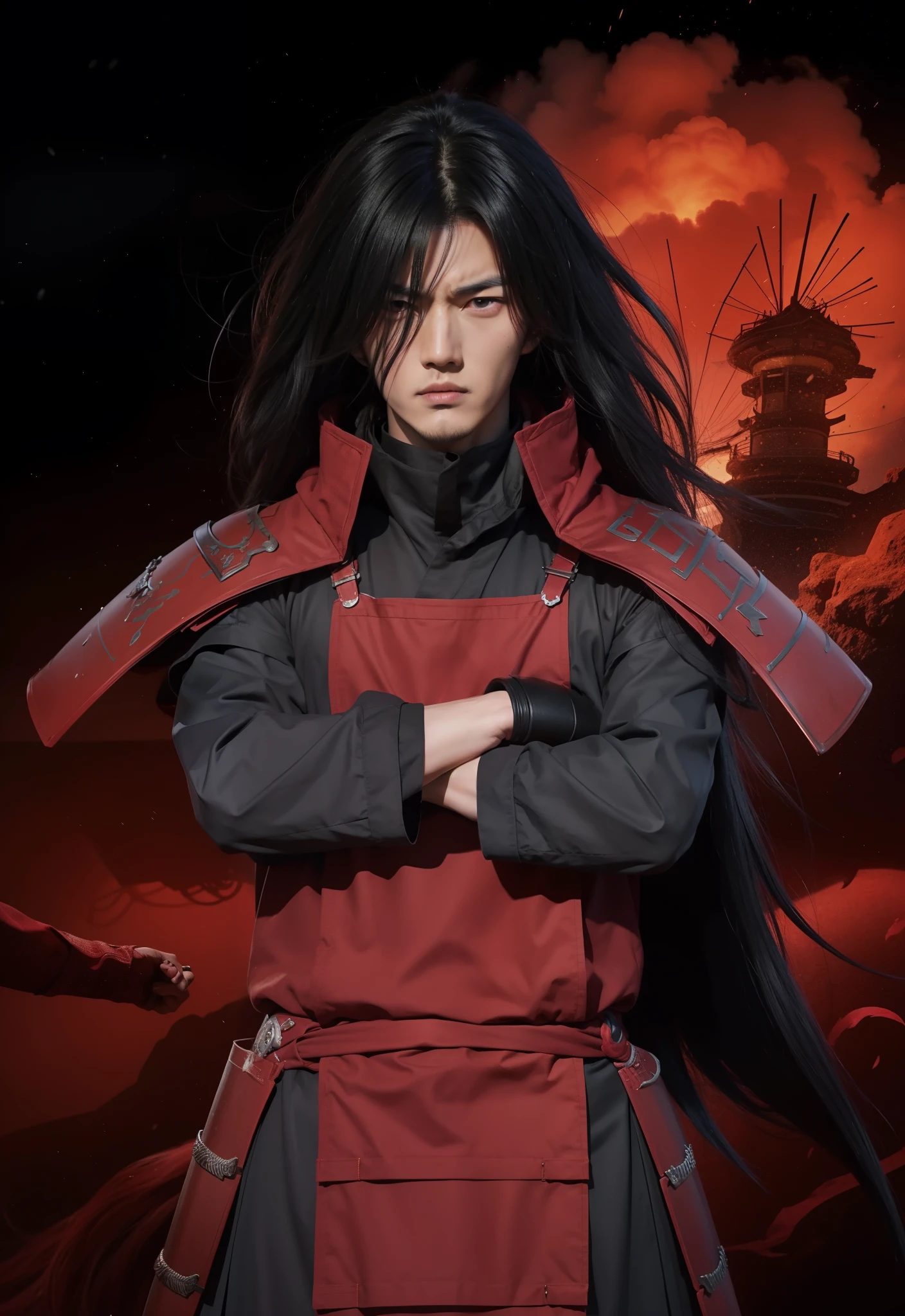 Real life adaption of this character,his name is Madara uchiha from anime Naruto,Korean adult handsome face,realistic long messy hair,realistic outfit with red iron armor like samurai,realistic light,realistic shadow,realistic background,(photorealistic:1.2),very angry expression,red eyes color