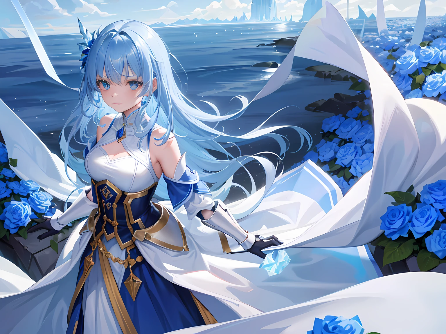 In a frozen battlefield, surrounded by a sea of lightly glowing blue roses, stood a young girl in armor. She looked to be around twenty years old, with sapphire blue hair that cascaded down her back in wild curls and matching blue eyes that sparkled like gems. She stood amidst a pile of bodies, her sword held tightly in her hand.

The girl was not frozen in time, but rather encased in a layer of ice that had preserved her youth and beauty. She had been locked in this icy prison for as long as anyone could remember, a symbol of a long-forgotten battle that had raged on this very spot.

The battlefield was barren and desolate, except for the sea of blue roses that seemed to glow in the frozen sunlight. The flowers were the only signs of life in this icy wasteland, and they seemed to have a life of their own. They swayed in the cold breeze, their petals fluttering gently like a soft whisper.

The girl stood amidst the blue roses, her eyes scanning the battlefield for any signs of life. She had been frozen here for so long that she had lost count of the years. She had seen many battles in her time, but this one had been particularly brutal. The bodies around her were a testament to the fierce fighting that had taken place here.

Despite the horror of the scene, the girl showed no signs of fear or sadness. She seemed almost serene, as if she had come to terms with the fate that had befallen her. Her armor was dented and scratched, but it still gleamed in the frozen sunlight, a reminder of the strength and courage that had brought her to this place.

As she stood there, surrounded by the bodies of fallen soldiers, the girl knew that her time would come. She had been waiting for so long for someone to find her, to free her from this icy prison. But until that day came, she would stand guard over this desolate battlefield, her sword at the ready, her eyes scanning the horizon for any signs of life.

And so, the girl in armor stood frozen in time, her sapphire blue hair and