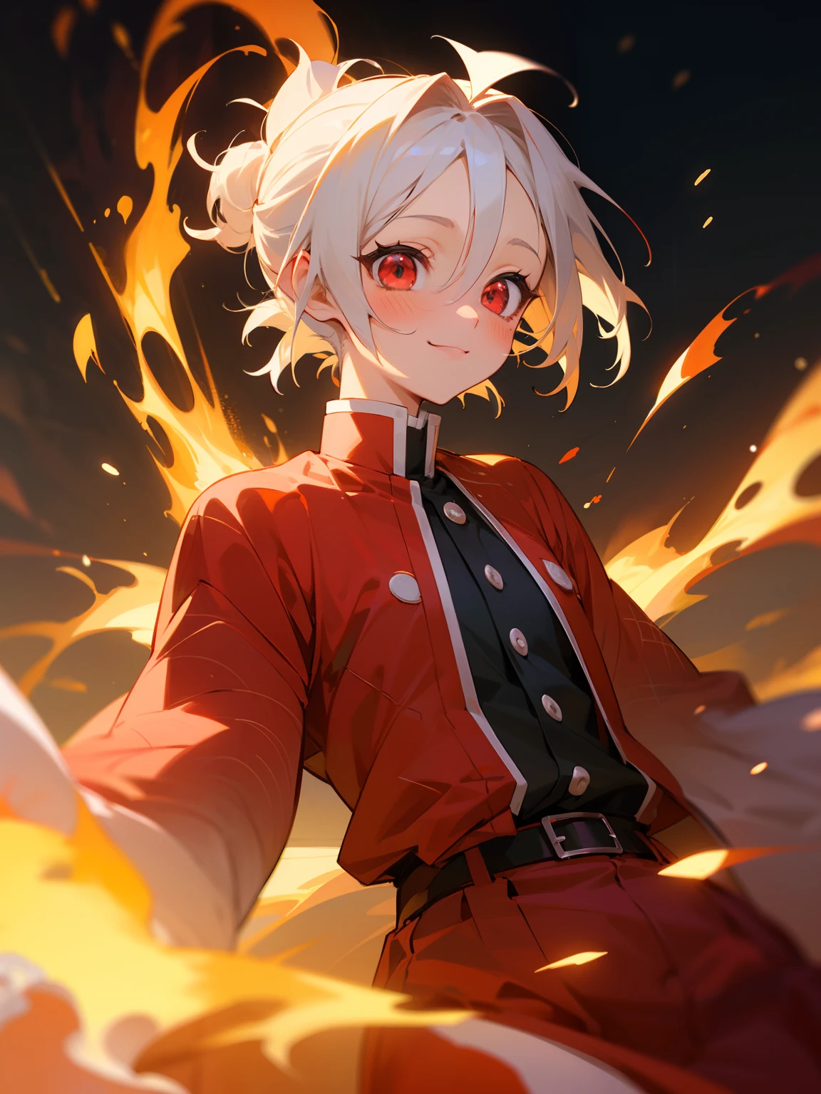 Anime young girl, short hair, hair tied back, white colored hair, small chest, small thighs, medium body, happy smile, blush on cheeks, kimetsu no yaiba haori clothes, ((red haori clothes)), anime art style, kimetsu no yaiba art style, ((red colored eyes)), holding a katana, fire breathing, fire near her, symmetry, ((bokeh)), glowing light, ray tracing, reflection light, blending, UHD, anatomically correct, textured skin