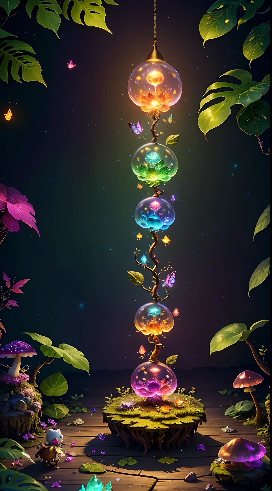 Fantasy in crystals, "ethereal roses, cute slime animals, glowing little mushrooms surrounded by delicate leaves and branches, and fireflies and glowing particle effects", (natural elements), (jungle theme), (leaves), (branches), (fireflies), butterflies, (delicate leaves), (glow), (particle effects), super realistic, super detailed, dramatic lightning, 4k, masterpiece,