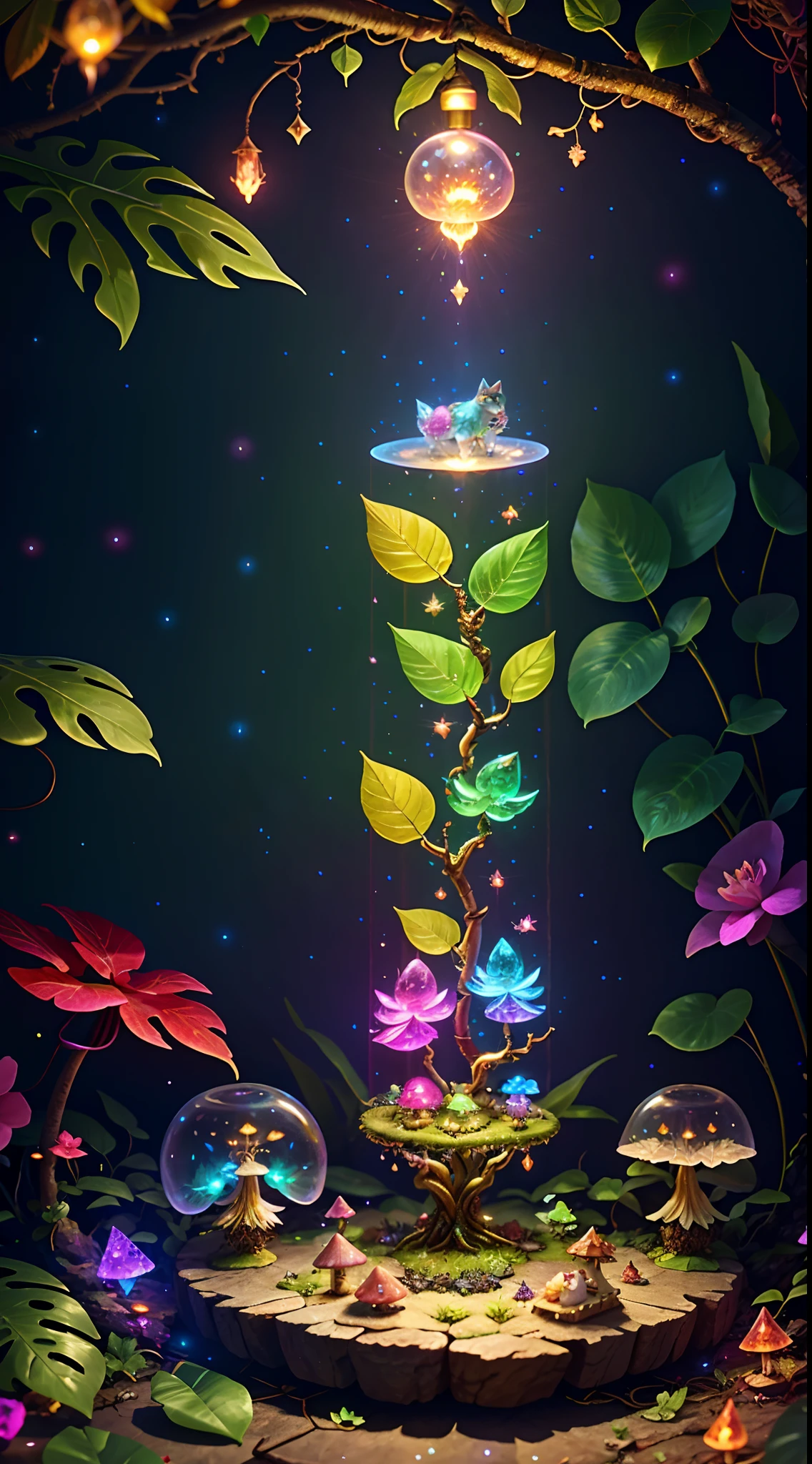 Fantasy in crystals, "ethereal roses, cute slime animals, glowing little mushrooms surrounded by delicate leaves and branches, and fireflies and glowing particle effects", (natural elements), (jungle theme), (leaves), (branches), (fireflies), butterflies, (delicate leaves), (glow), (particle effects), super realistic, super detailed, dramatic lightning, 4k, masterpiece,