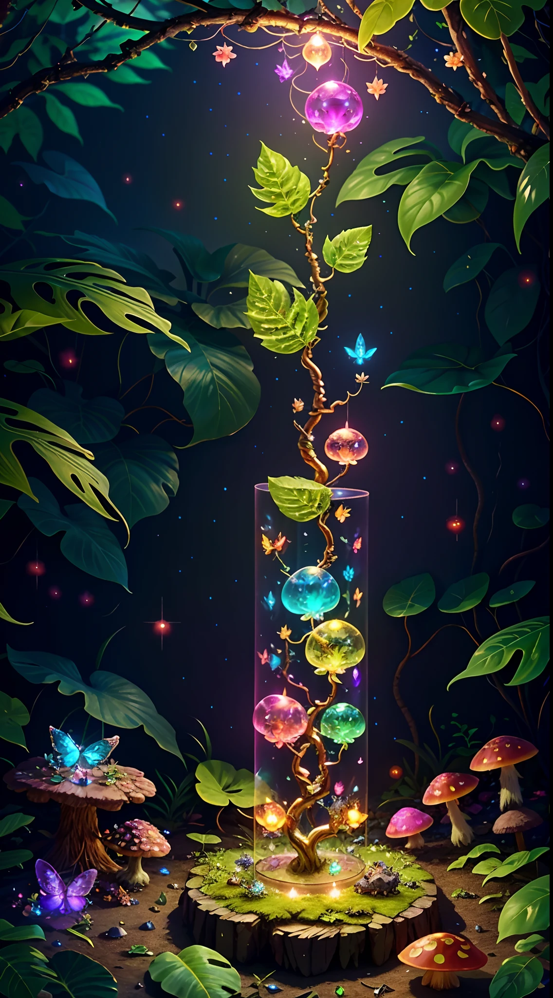 Fantasy in crystals, "ethereal roses, cute slime animals, glowing little mushrooms surrounded by delicate leaves and branches, and fireflies and glowing particle effects", (natural elements), (jungle theme), (leaves), (branches), (fireflies), butterflies, (delicate leaves), (glow), (particle effects), super realistic, super detailed, dramatic lightning, 4k, masterpiece,