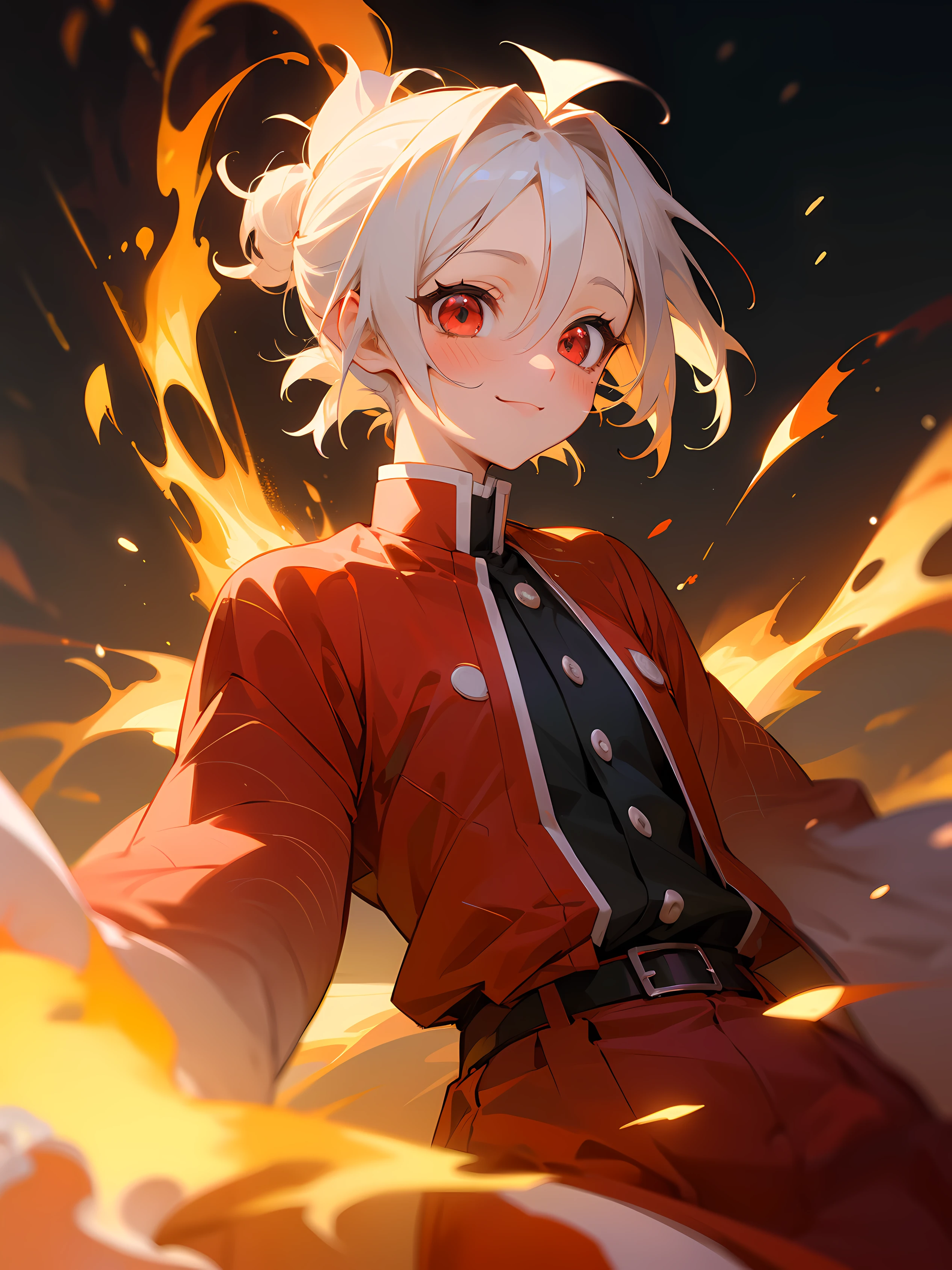 Anime young girl, short hair, hair tied back, white colored hair, small chest, small thighs, medium body, happy smile, blush on cheeks, kimetsu no yaiba haori clothes, ((red haori clothes)), anime art style, kimetsu no yaiba art style, ((red colored eyes)), holding a katana, fire breathing, fire near her, symmetry, ((bokeh)), glowing light, ray tracing, reflection light, blending, UHD, anatomically correct, textured skin