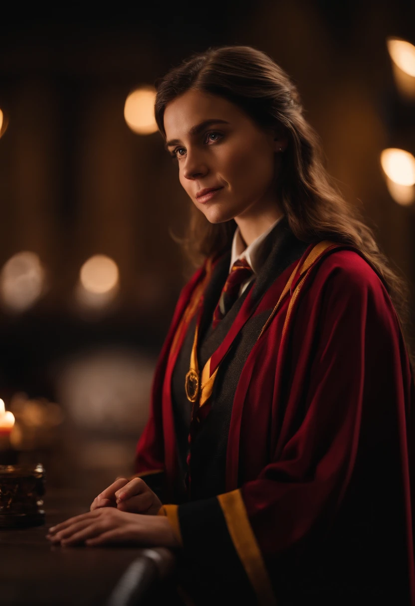 Arad woman in Harry Potter robes(((medium close-up))), wearing hogwarts,Robes,wearing black wizard robes, Gryffindor,  magic school uniform, academic clothing, wearing robes and neckties, Wizard robes, hogwarts style, wearing red sorcerer's robes, High quality clothing, (Canon EOS 5D Mark IV Camera, Famous for capturing vibrant colors and rich textures:1.2)