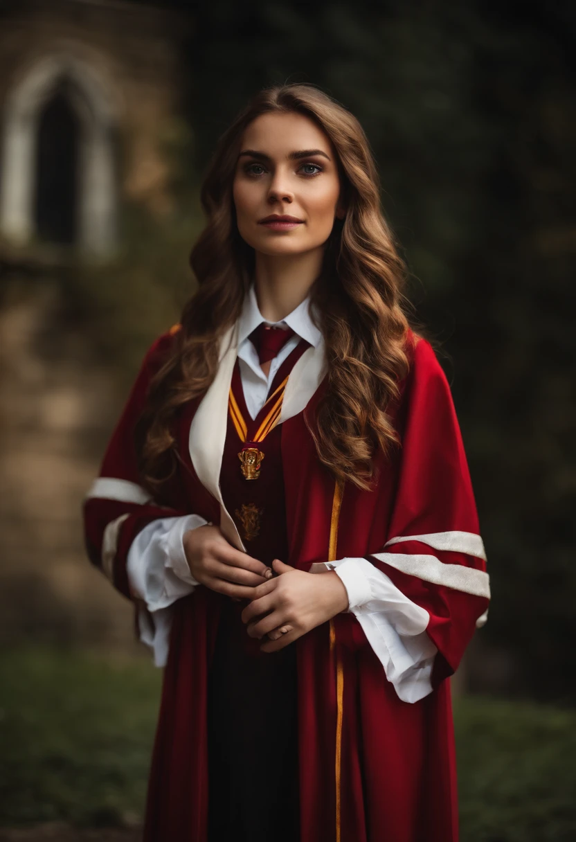 Arad woman in Harry Potter robes(((medium close-up))), wearing hogwarts,Robes,wearing black wizard robes, Gryffindor, magic school uniform, academic clothing, wearing robes and neckties, Wizard robes, hogwarts style, wearing red sorcerer's robes, High quality clothing, (Canon EOS 5D Mark IV Camera, Famous for capturing vibrant colors and rich textures:1.2)
