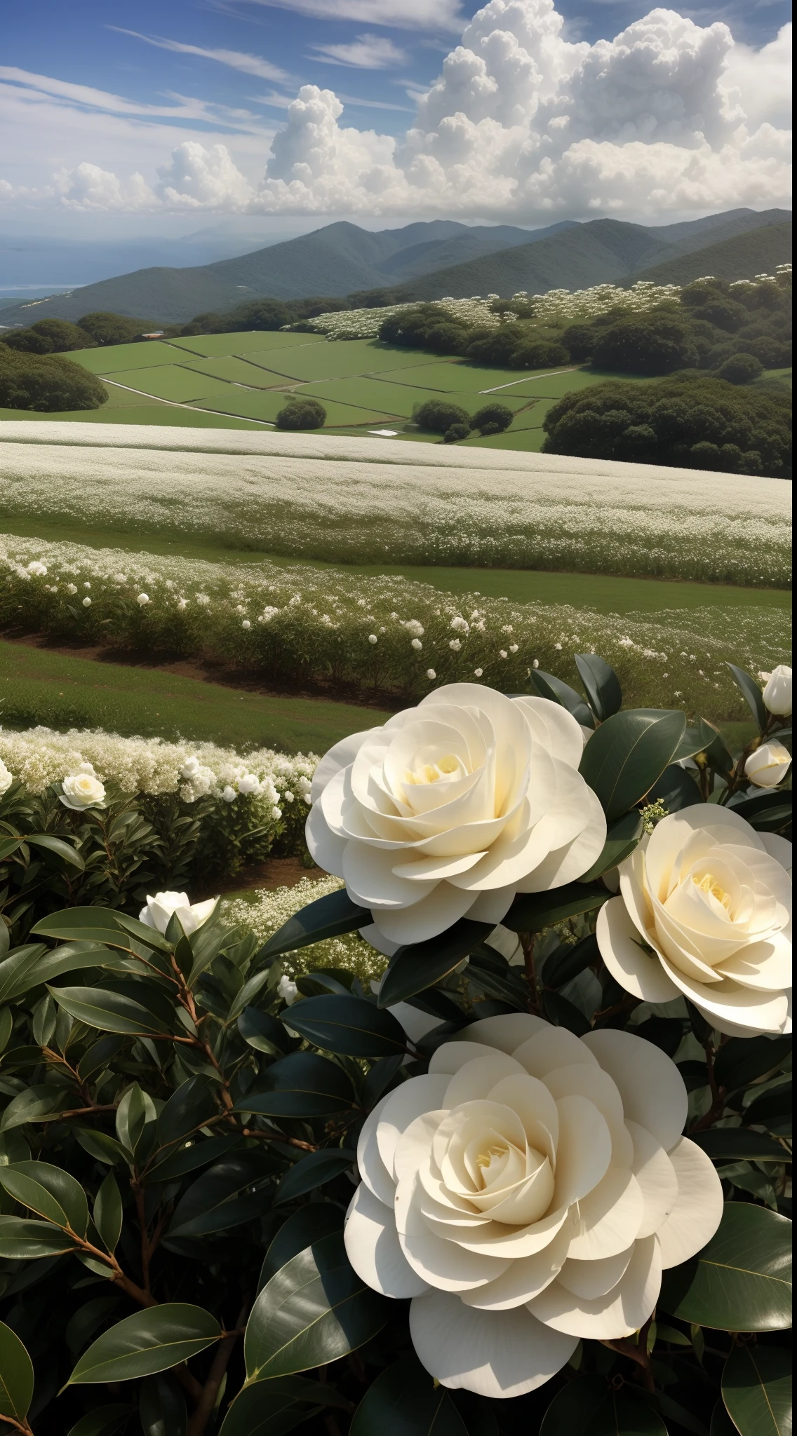 Countless white camellias bloom in the bushes,sun shining through clouds,Sprinkle on the sea of flowers,The surrounding fields and green hills serve as a backdrop,(White Camellia 1.5),Cinematic texture,Tano,blossoms,beautiful flowers growing,beautiful aesthetic,Beautiful large flowers,Incredibly beautiful,Soft glow,beautiful flowers,flowers in full bloom,Many camellias,lot of flowers,closeup cleavage