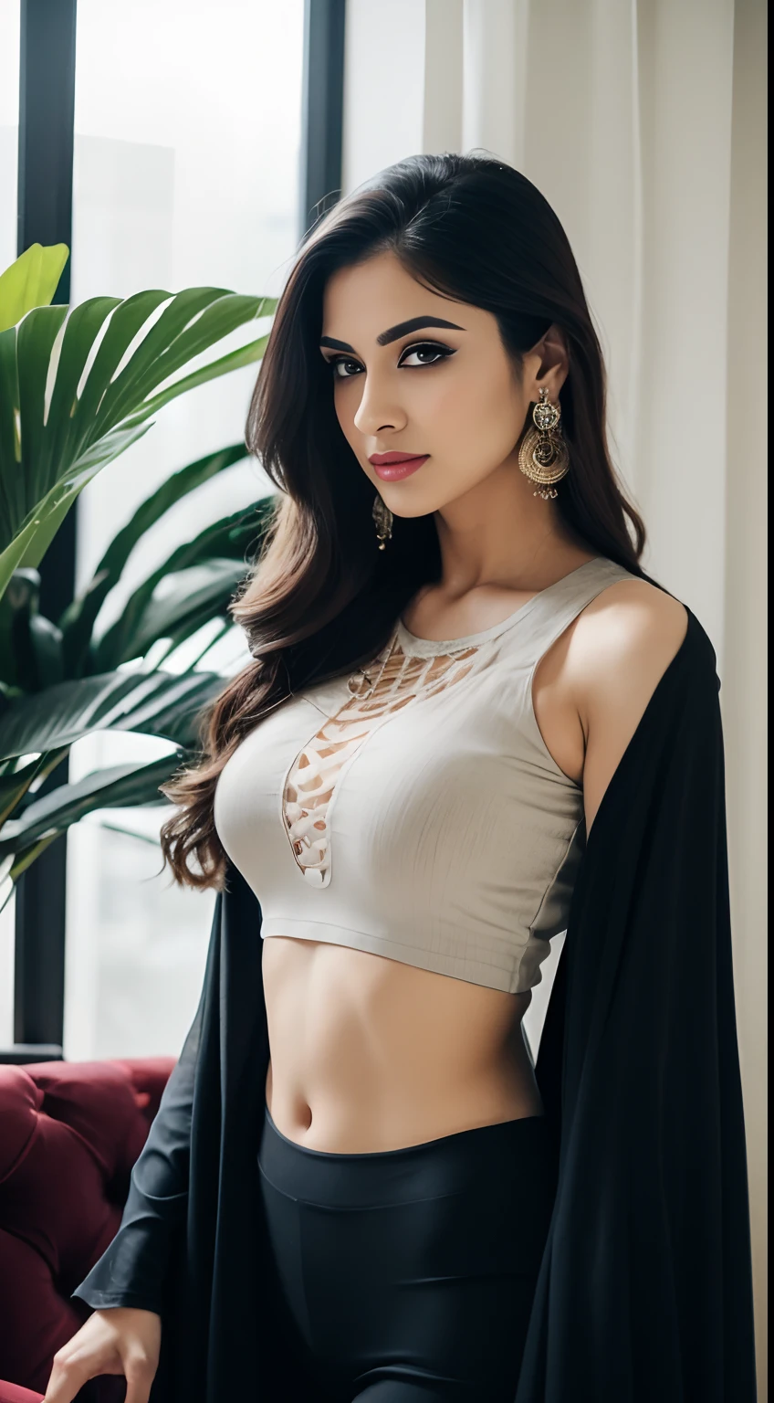 Portrait of A confident-looking indian woman with long flowing black hair, hazel eyes, with flowing capes only, perfect composition, hyperrealistic, super detailed, 8k, high quality, trending art, trending on artstation, sharp focus, jungle photo, intricate details, highly detailed, art by greg rutkowski,pink crop top,pink top dense colour,sexy, In Living Room, Indoor