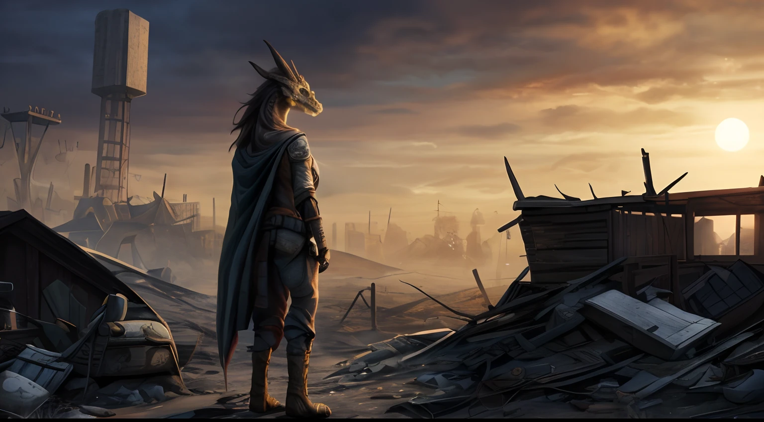 (best quality, highres, realistic:1.37), Draconid, scalie, Anthro-Dragon Body, shapely body, Female anthropopathy, small head, long slim legs, long neck, Long hair, membranous ears, postapocalyptic wasteland, raider's clothes, tattered cloak, cold colours