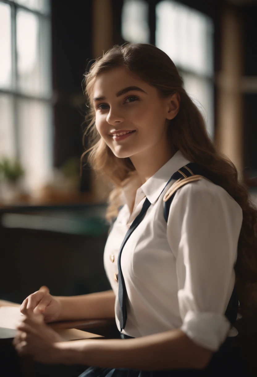 1girl in,8K, Raw photography, top-quality, ​masterpiece, realisitic, Photorealsitic, A smile, Schoolgirl Uniform, Pretty beauty，High School Classroom, The upper part of the body,