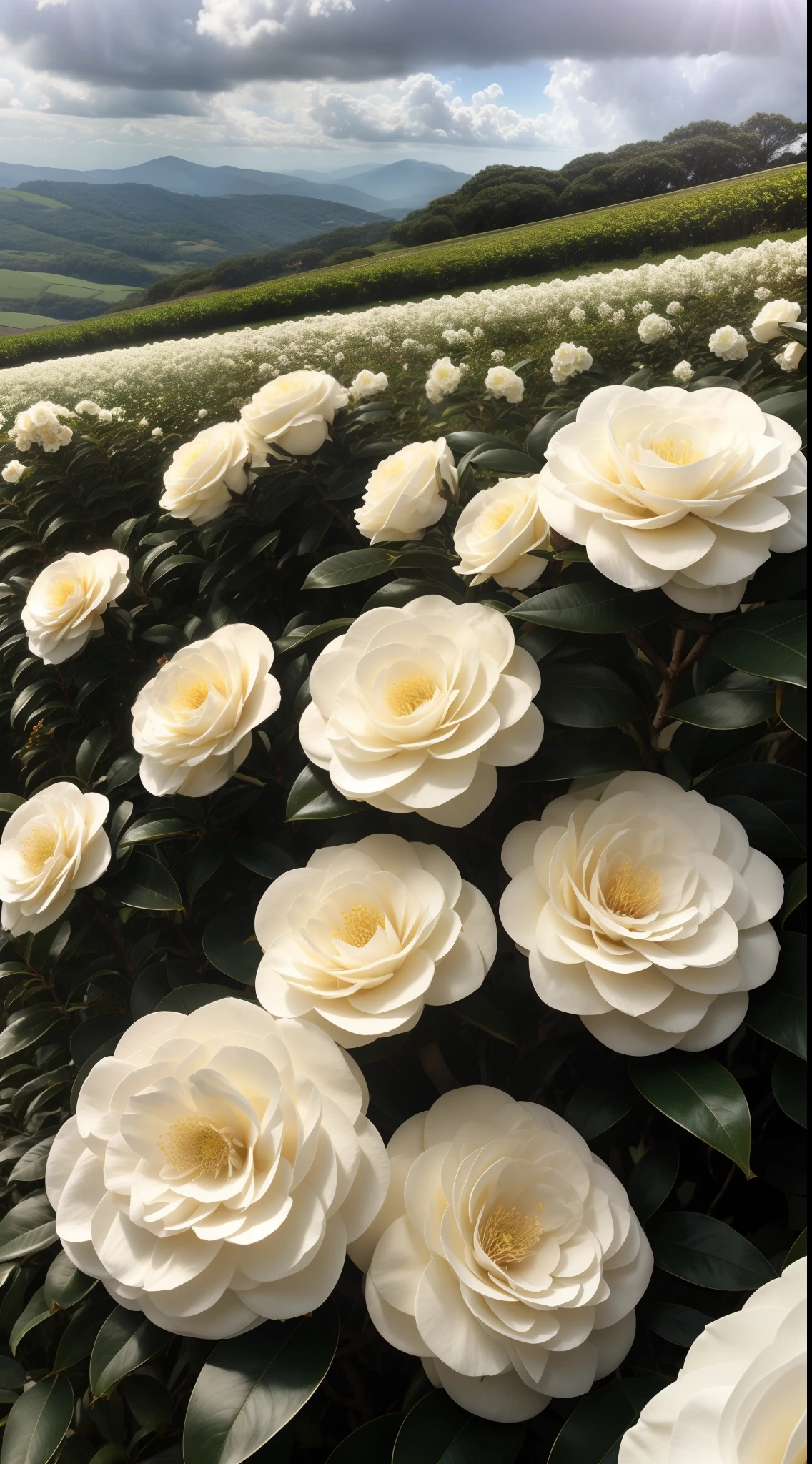 Countless white camellias bloom in the bushes，sun shining through clouds，Sprinkle on the sea of flowers，The surrounding fields and green hills serve as a backdrop，（White Camellia 1.5），Cinematic texture，Tano，blossoms，beautiful flowers growing，beautiful aesthetic，Beautiful large flowers，Incredibly beautiful，Soft glow，beautiful  flowers，flowers in full bloom，Many camellias，lot of flowers，closeup cleavage