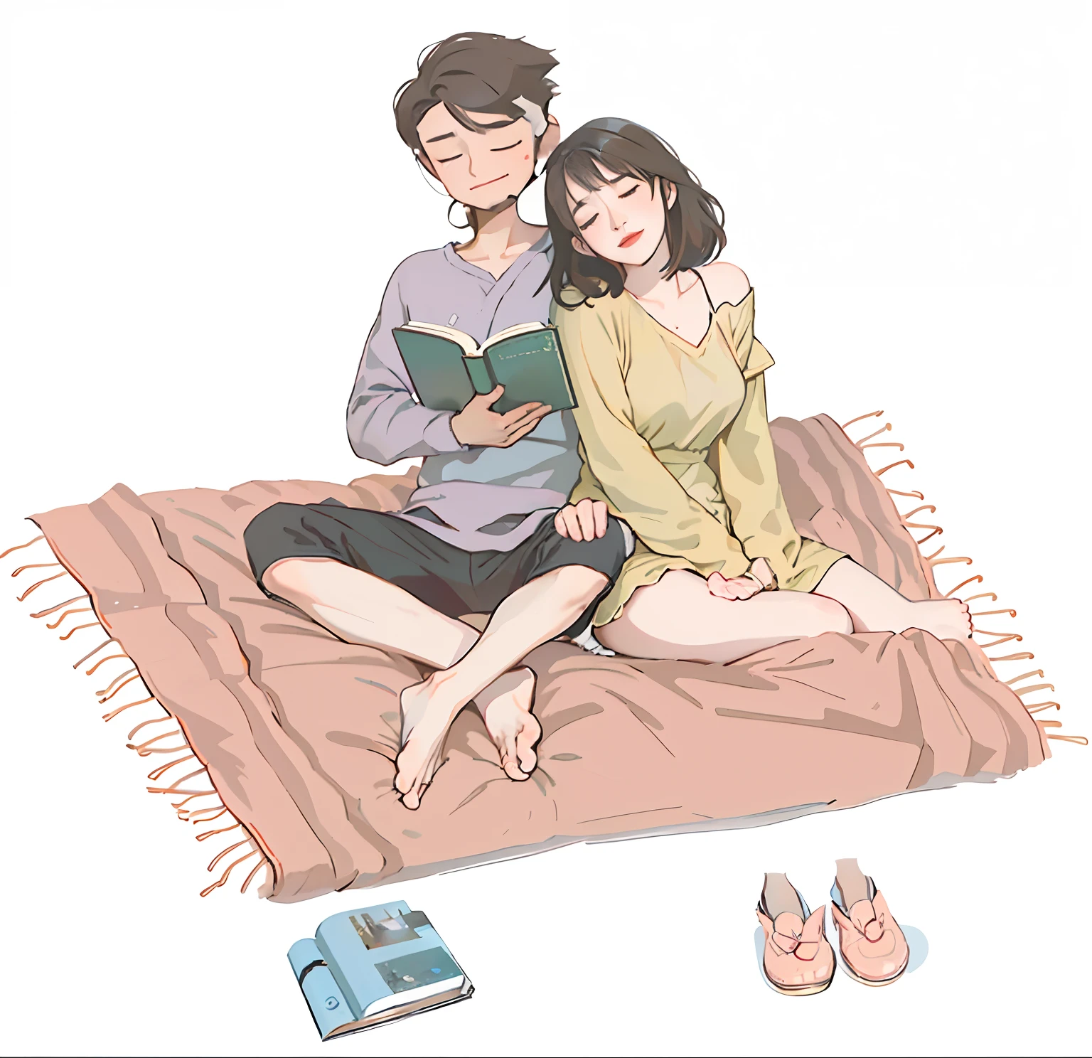 There was a man and a woman sitting on a carpet reading a book, couple on bed, romantic couple, couple, Reading a book, reading the book about love, exciting illustration, encyclopedia illustration, cozy under a blanket, boy girl traditional romance, book illustrations, Happy couple, Romantic scene, Sunny environment, Sitting on the bed, summer setting, growth of a couple